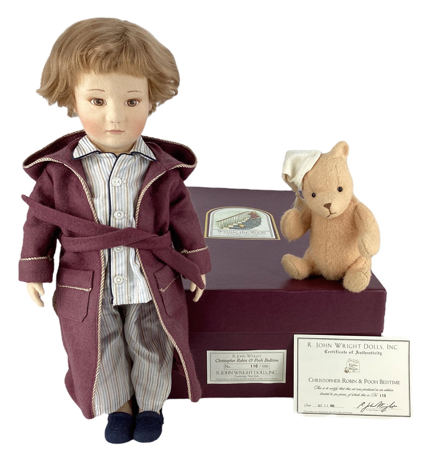 R. John Wright Dolls, "Christopher Robin & Pooh Bedtime" No.110/500. Bear has RJW button. With COA: R. John Wright Dolls, "Christopher Robin & Pooh Bedtime" No.110/500. Bear has RJW button. With COA and original box.