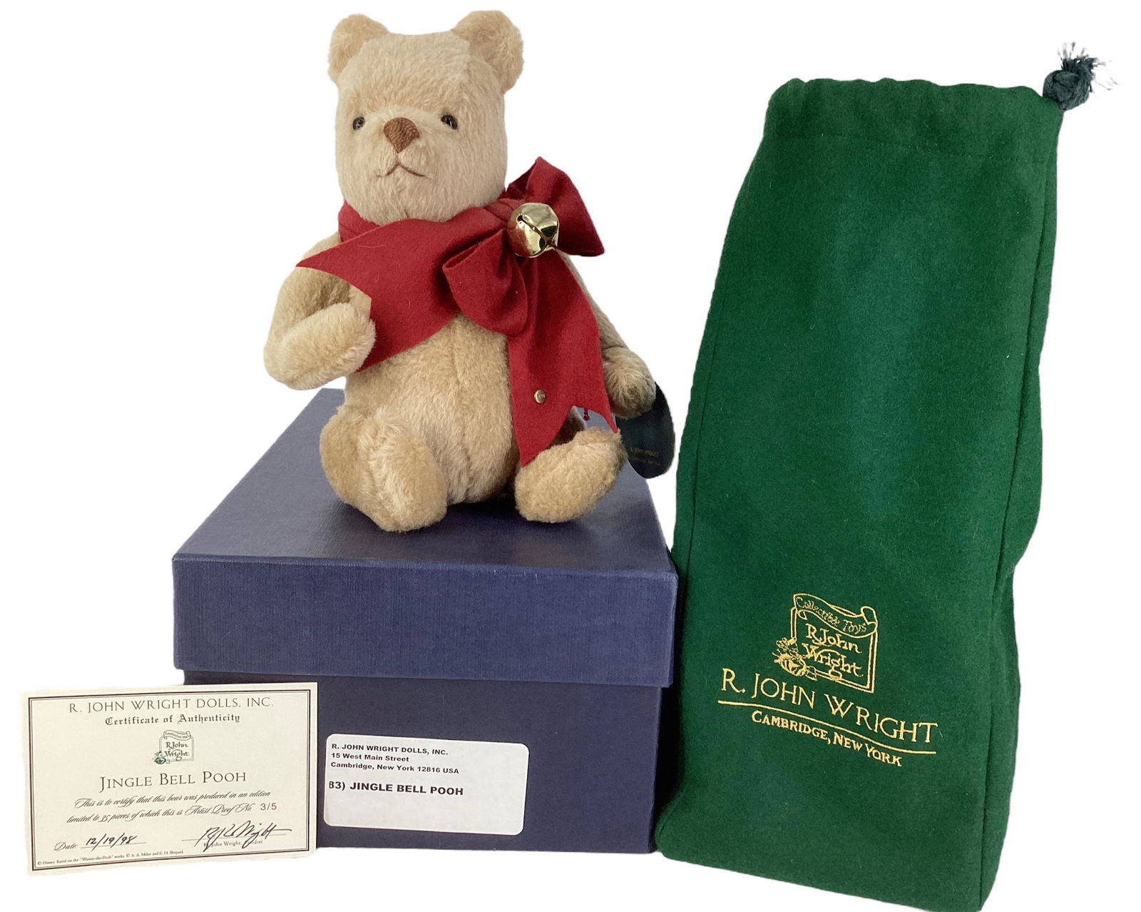 R. John Wright Dolls, "Jingle Bell Pooh" No.3/5. With COA and original bag and box.: R. John Wright Dolls, "Jingle Bell Pooh" No.3/5. With COA and original bag and box.
