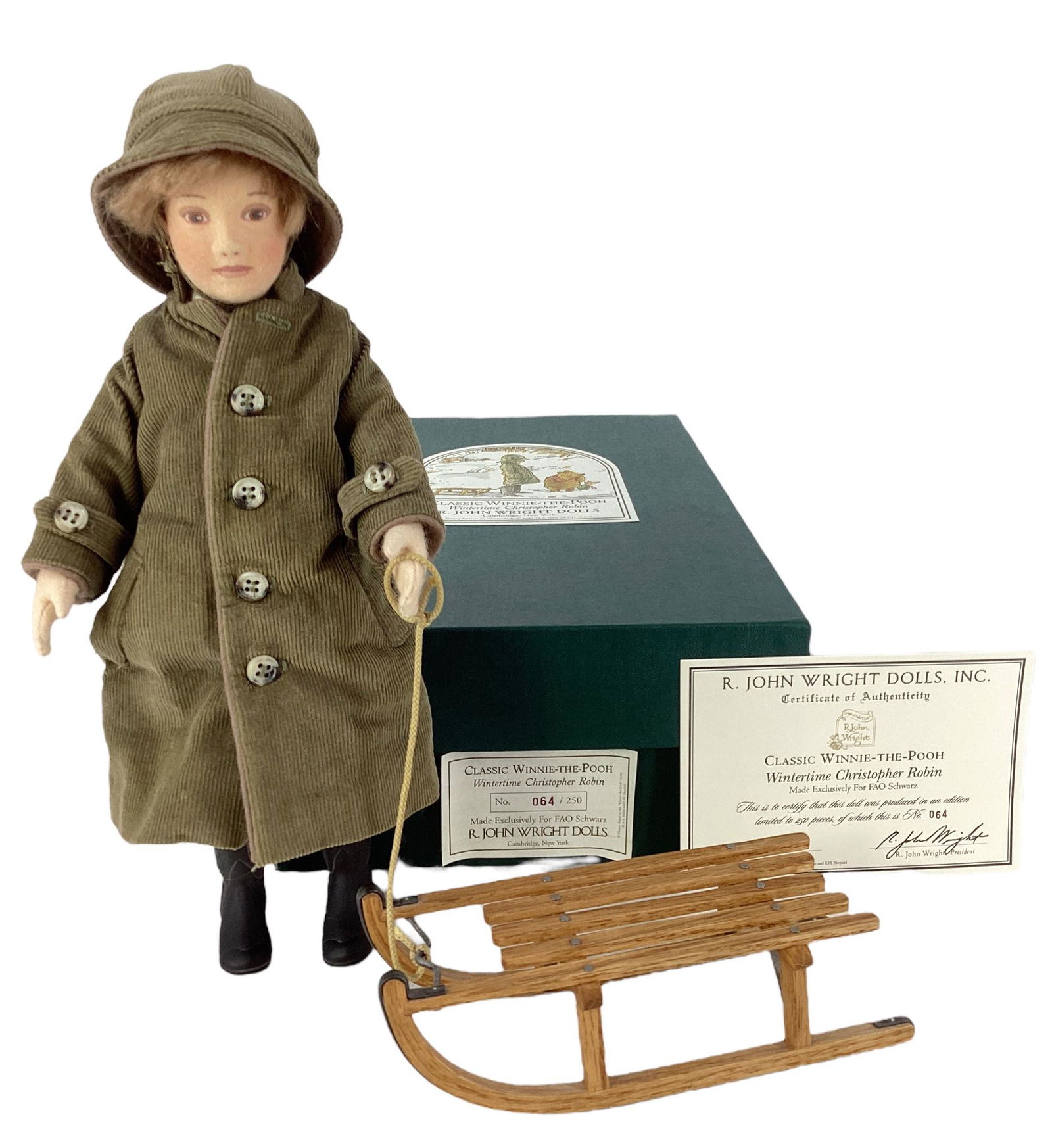 R. John Wright Dolls, Classic Winnie-The-Pooh "Wintertime Christopher Robin" No.064/250. With COA (1 of 3)
