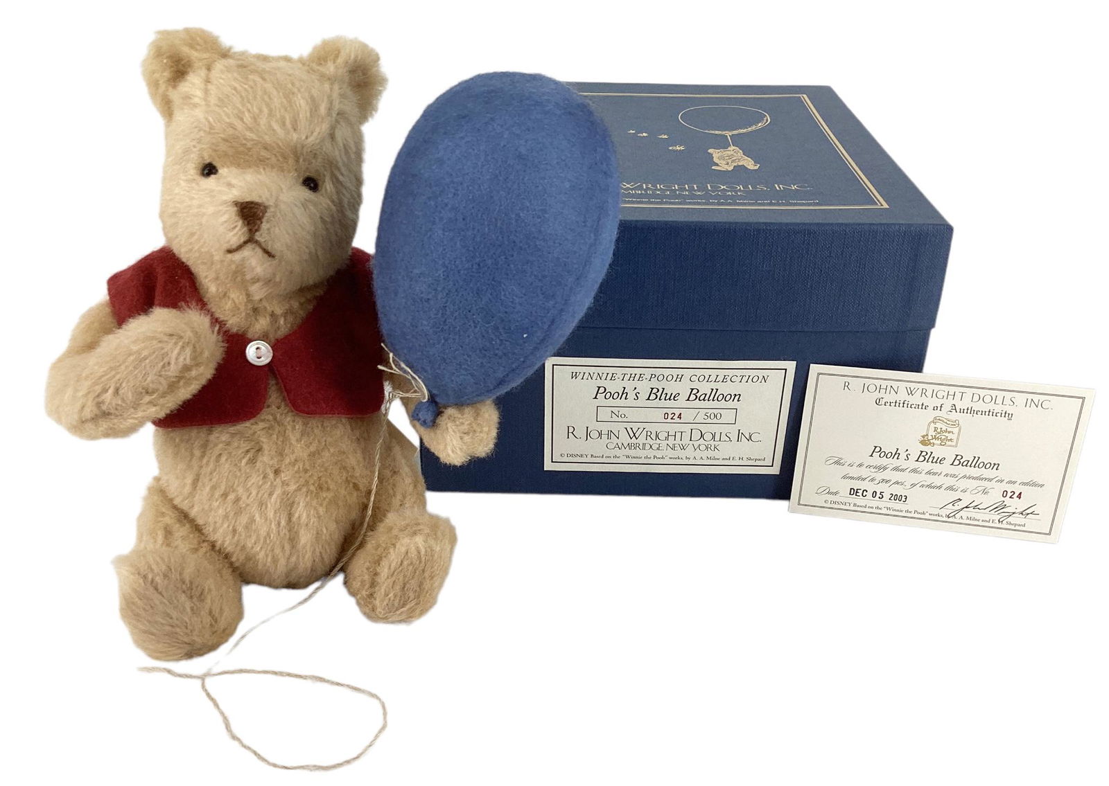 R. John Wright Dolls, Winnie-The-Pooh Collection "Pooh's Blue Balloon" No.024/500. With COA and (1 of 3)