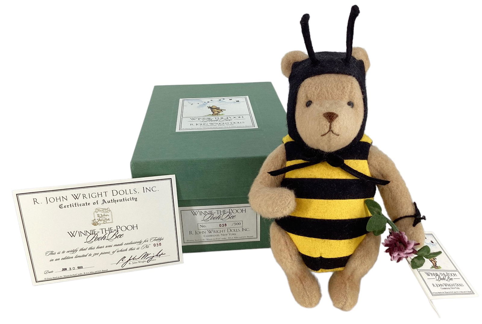 R. John Wright Dolls, Winnie-The-Pooh "Pooh Bee" No.038/500. Bee has tag and RJW button. With COA: R. John Wright Dolls, Winnie-The-Pooh "Pooh Bee" No.038/500. Bee has tag and RJW button. With COA and original box.