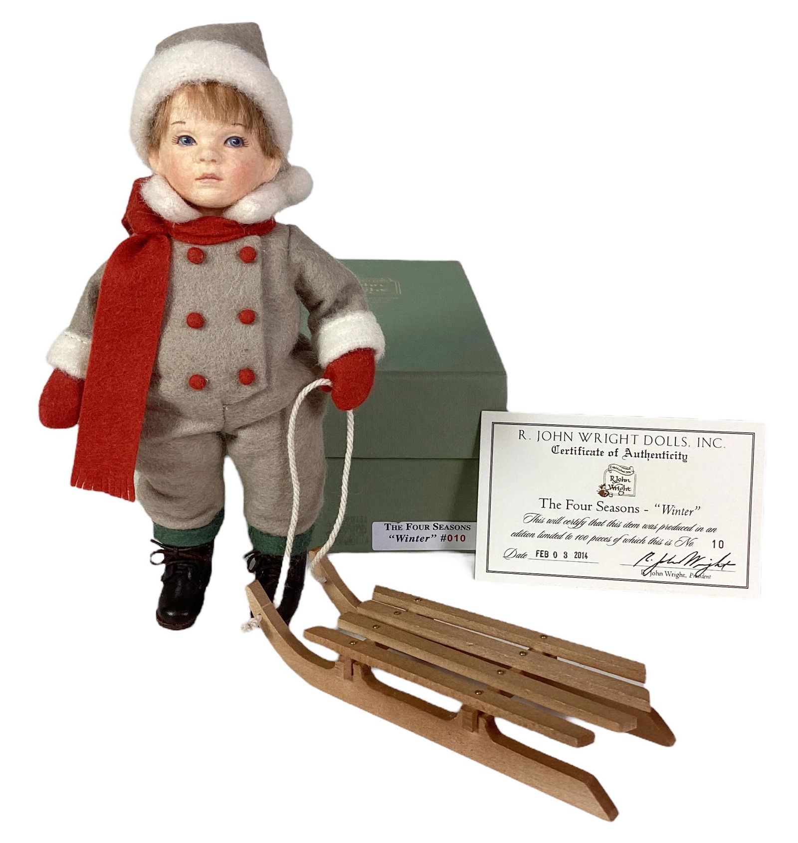 R. John Wright Dolls, The Four Seasons - "Winter" No.10/100. With COA and original box.: R. John Wright Dolls, The Four Seasons - "Winter" No.10/100. With COA and original box.