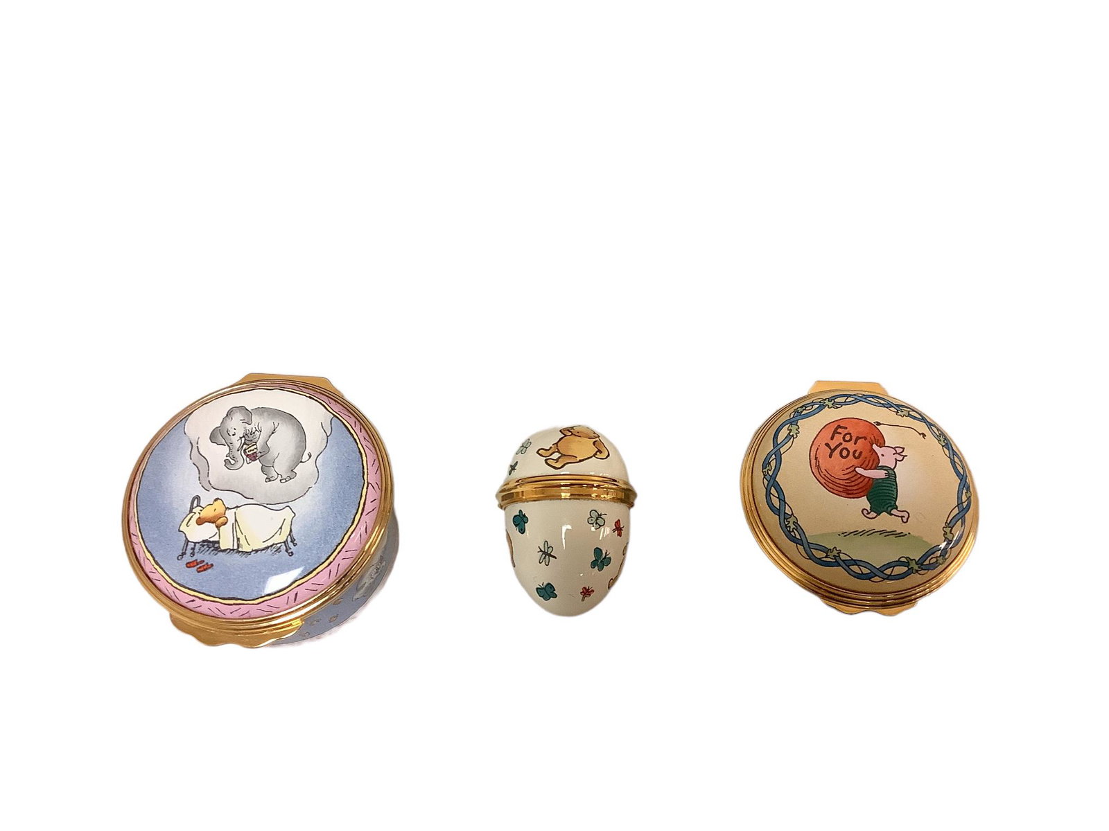 Lot of three Halcyon Days enameled trinket boxes, two with hinged lids, one with twist off lid, in (1 of 2)