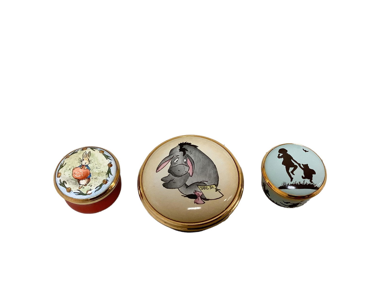 Lot of three Halcyon Days enameled trinket boxes with twist off lids, all in original boxes, each (1 of 2)