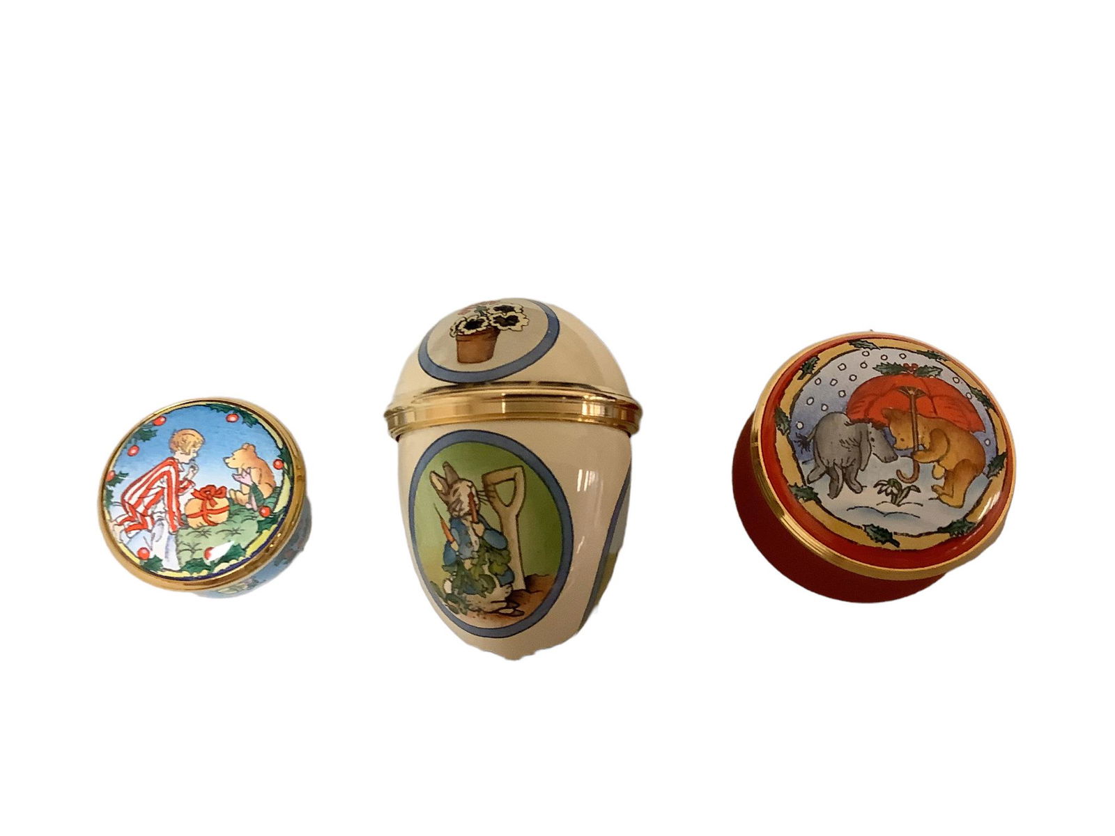 Lot of three Halcyon Days enameled trinket boxes with twist off lids, in original boxes, .5" - (1 of 2)