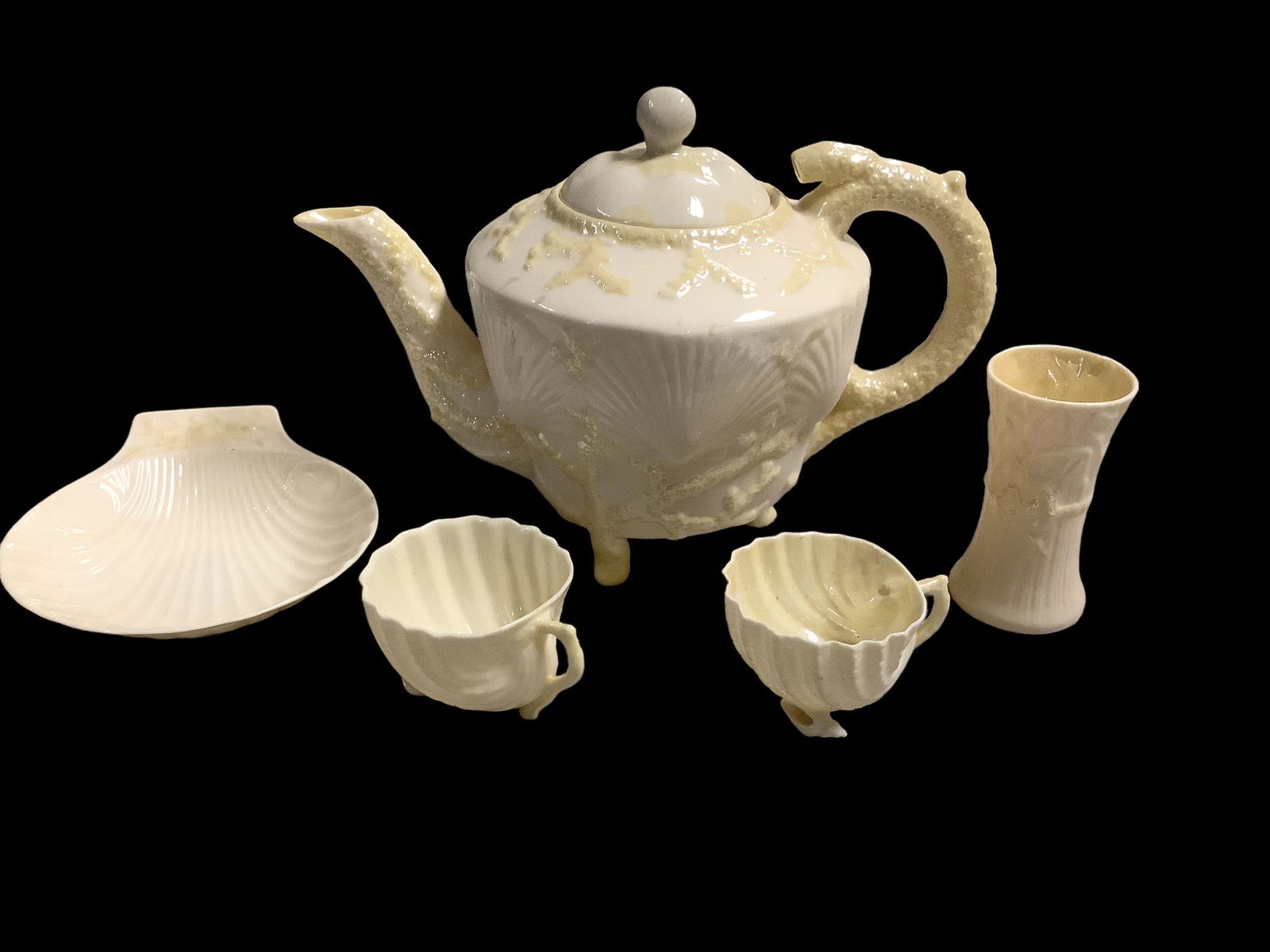 Lot of 5 Belleek pieces, all with cob luster, including shell footed teapot, 2 small Neptune (1 of 2)
