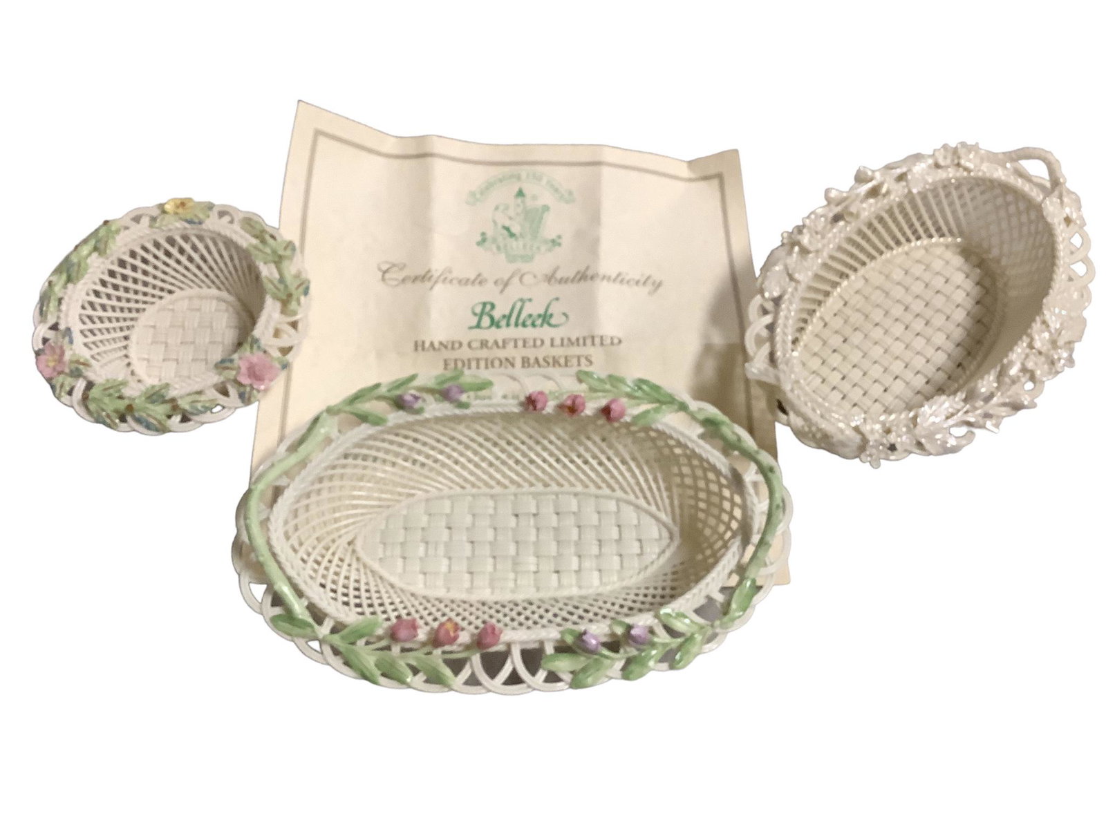 Lot of 3 Belleek hand woven china strand baskets with floral rims. Baskets including 2008 annual 9" (1 of 2)