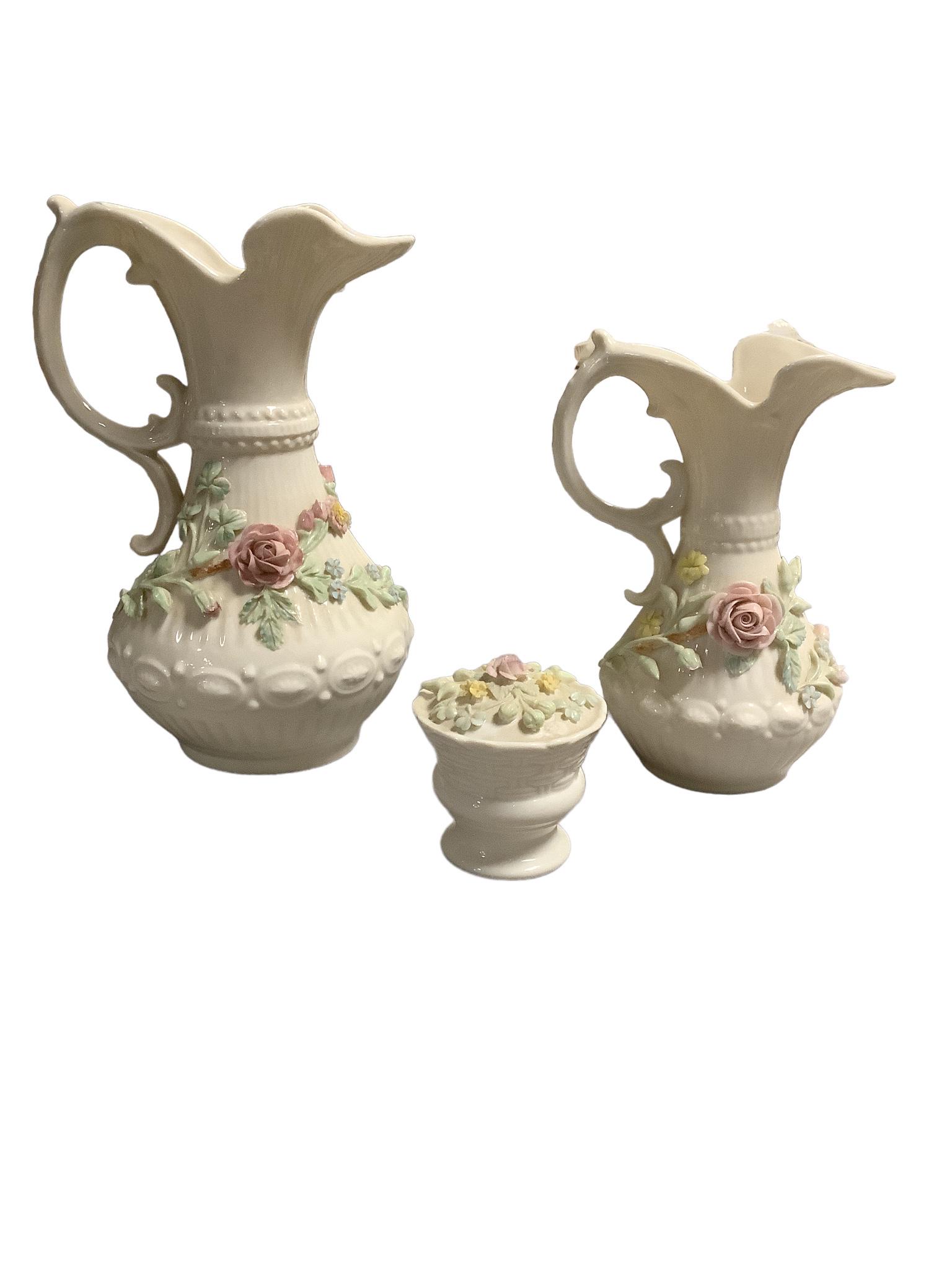 3 Belleek pieces including 9" flowered Aberdeen pitcher / vase, 7.5" Aberdeen rose floral pitcher / (1 of 2)