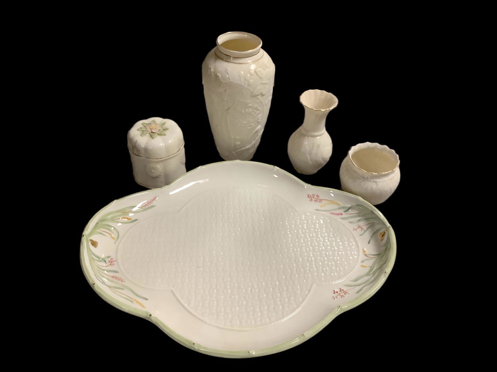 Lot of 5 Belleek Collector's Society pieces including "Grass Dejuener 16" tray, 8.5" tall (1 of 2)