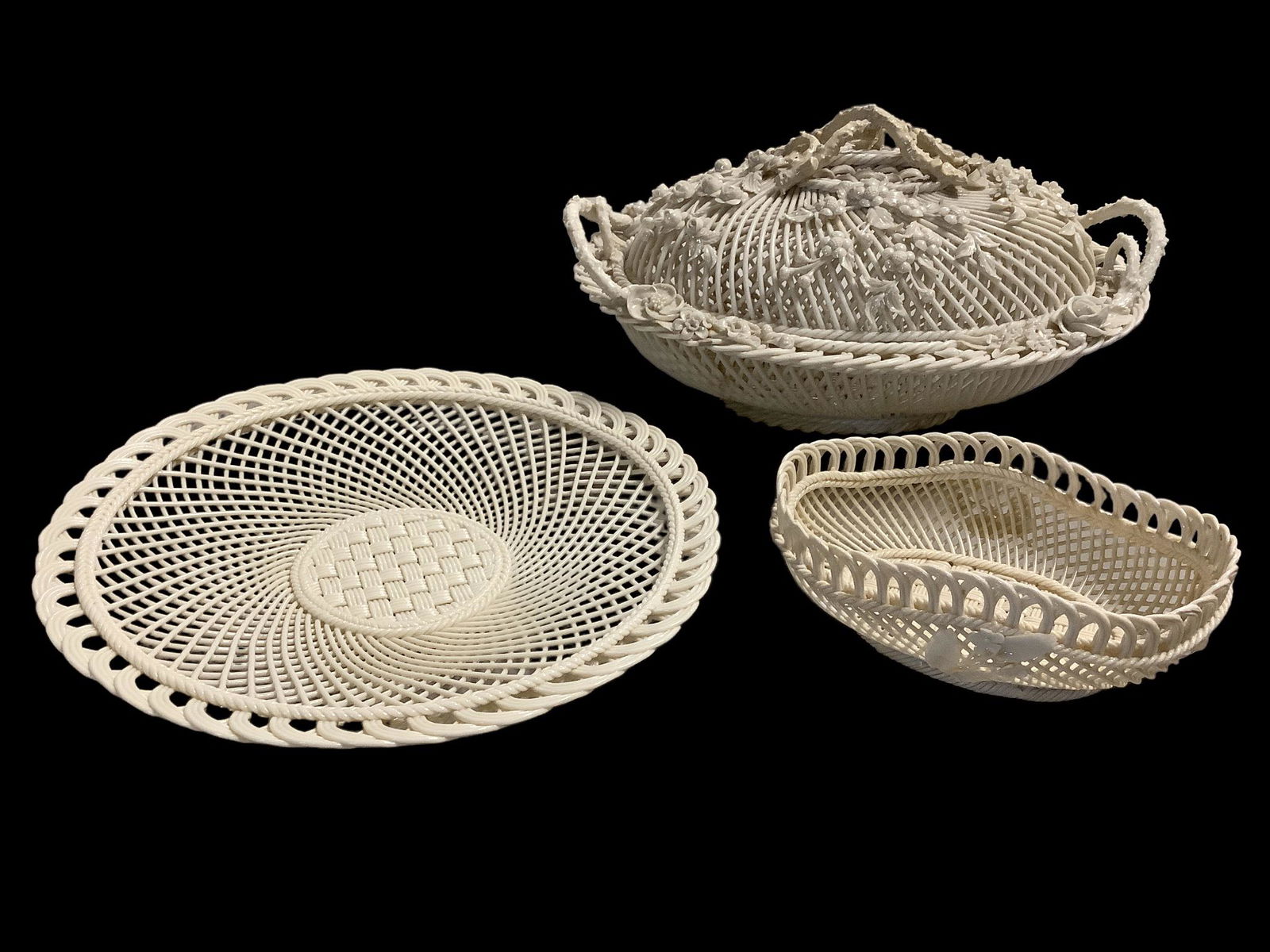 Lot of 3 Belleek cream on cream hand woven china strand pieces including floral and twig 12" oval (1 of 4)