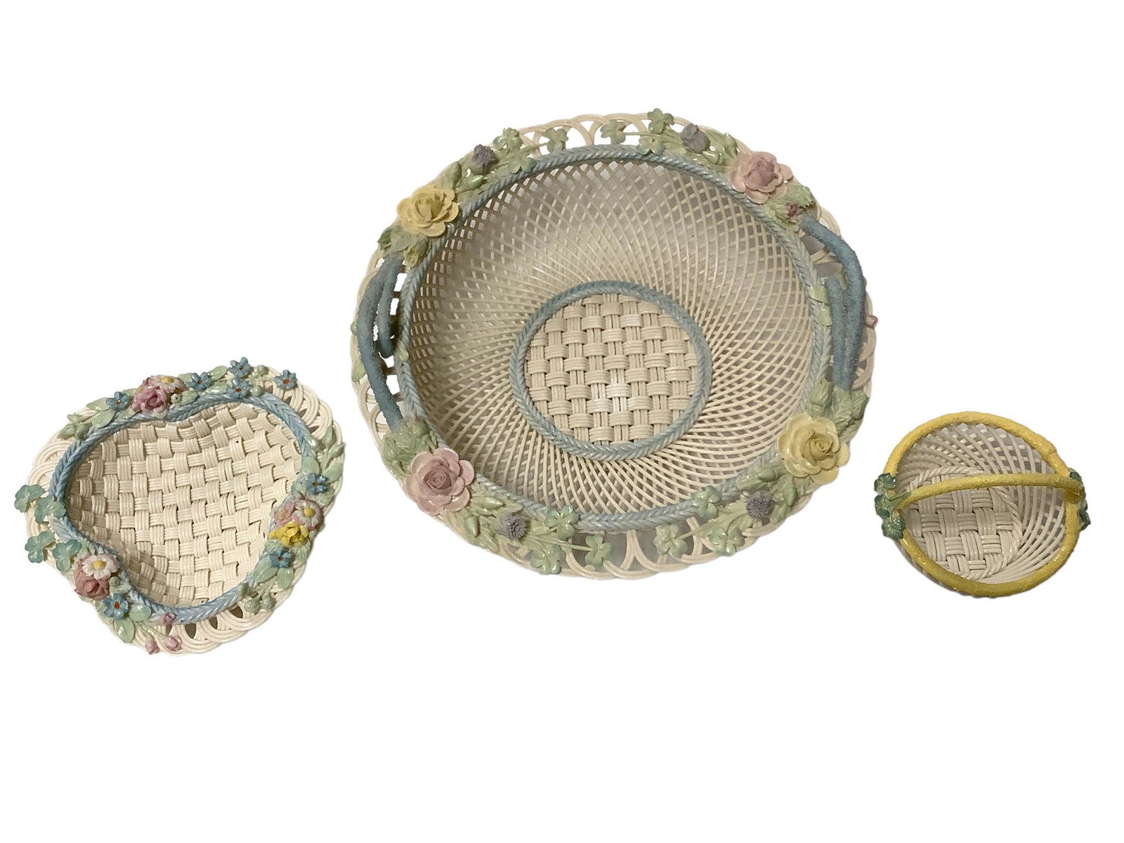 Lot of three pieces of Belleek including a 10.5" diameter basket, a 3.75" diameter Easter Basket (1 of 2)
