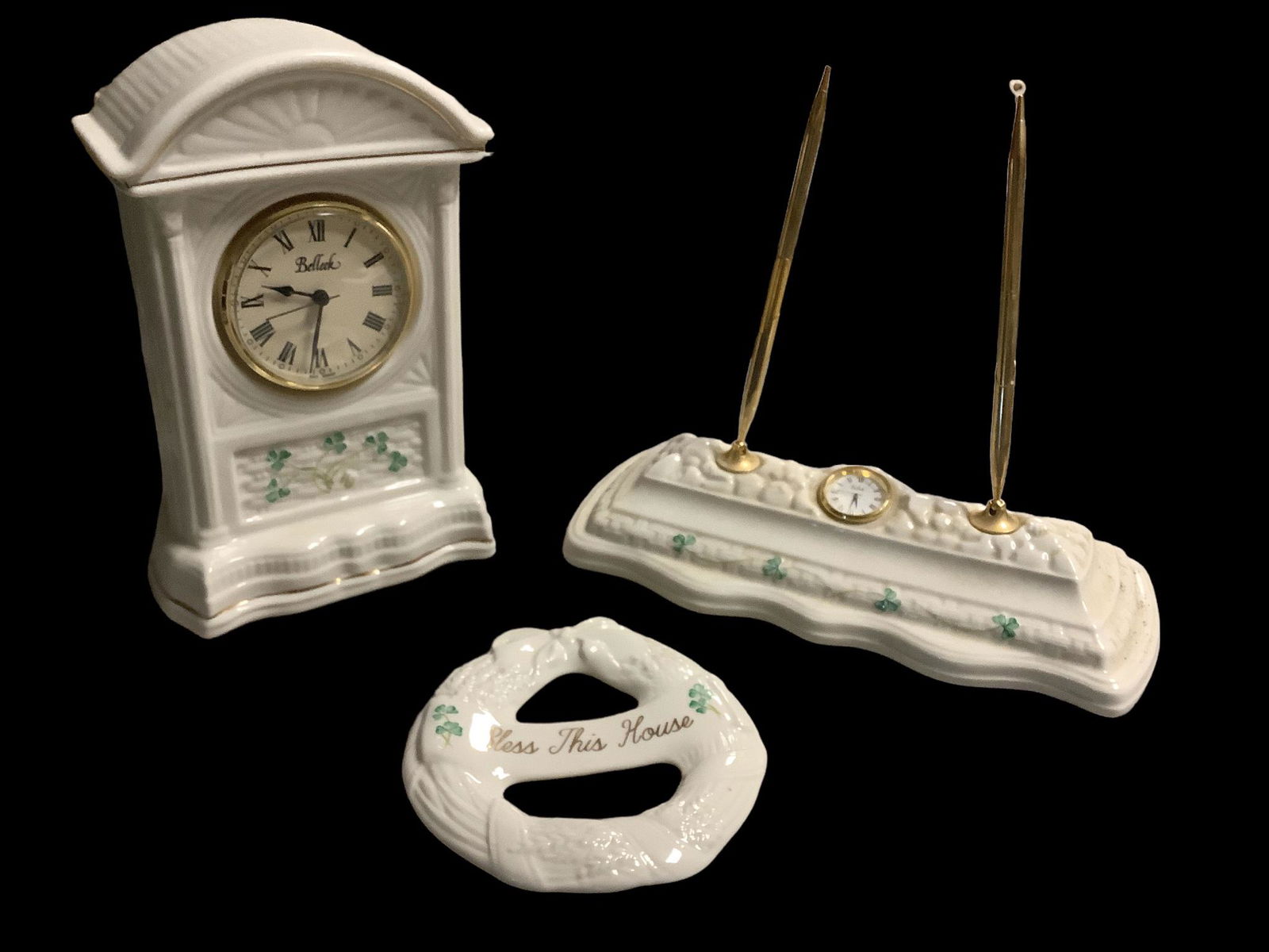 3 pieces of Belleek Shamrock to include 6" House Blessings wreath, 10" Glenveigh mantle clock and (1 of 2)