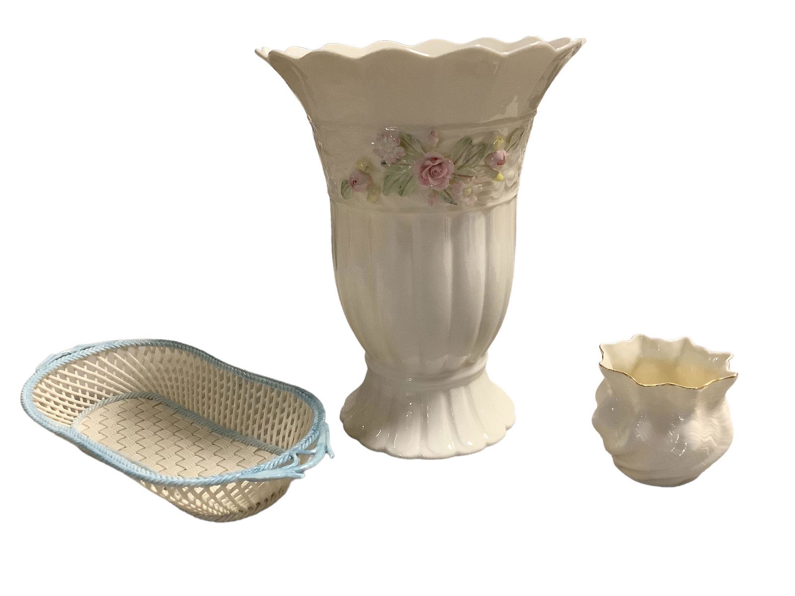 Lot of three pieces of Belleek including a 10"h Tree of Life vase, a 10.25" oblong Twig basket weave (1 of 2)