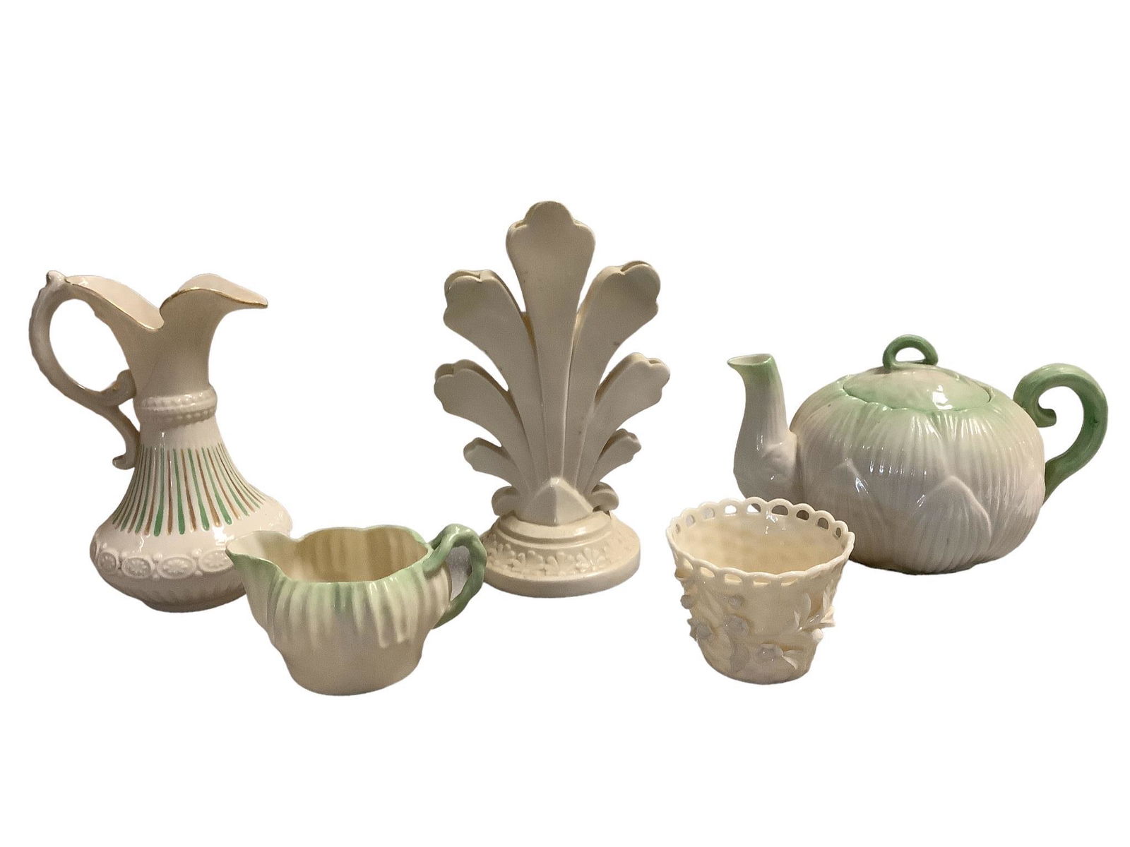Lot of five pieces of Belleek including a 7"h triple bud vase, a 6" pitcher with chip and repair, a (1 of 3)