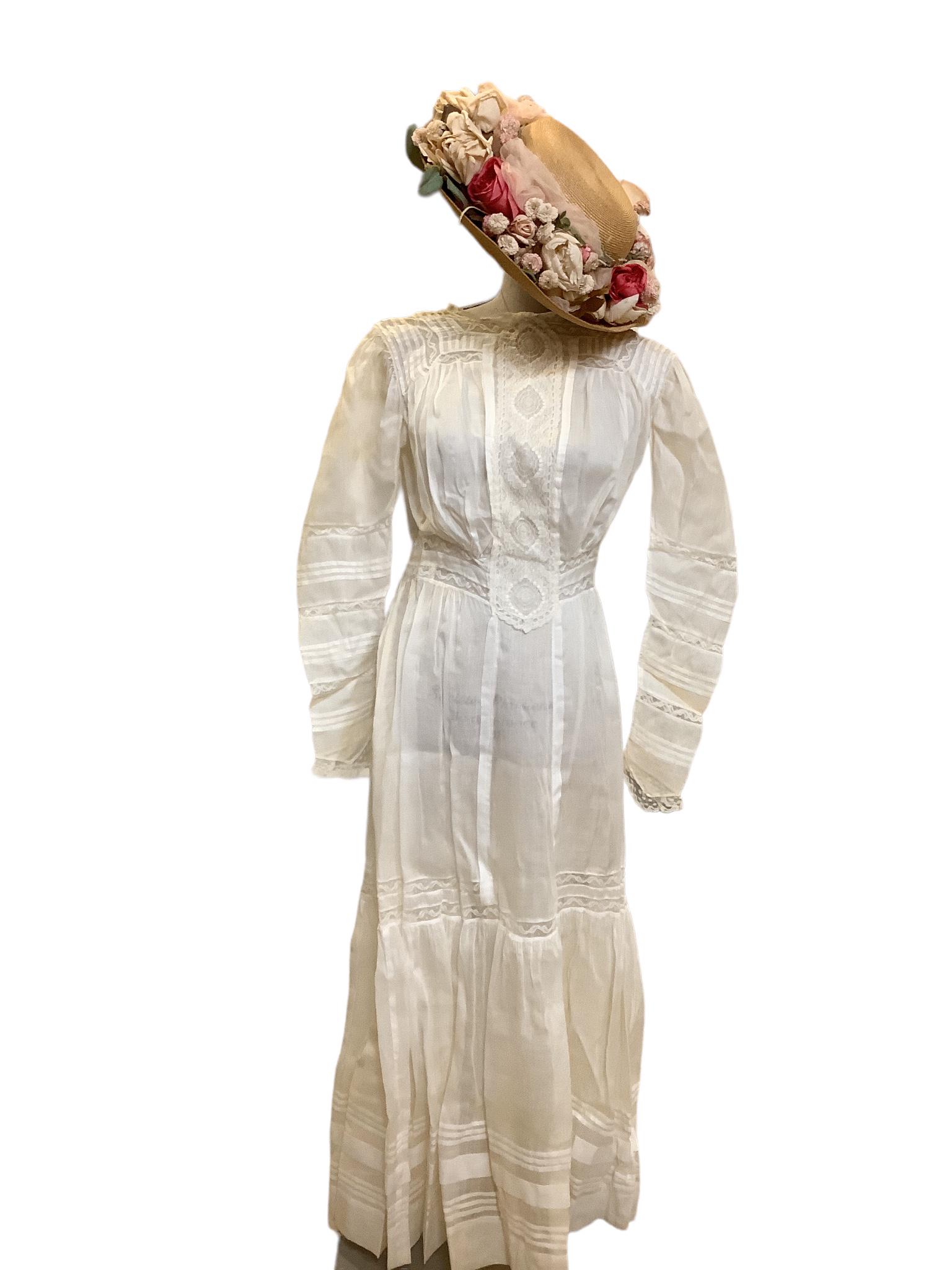 Vintage cream colored cotton & lace floor length day dress with rose covered straw hat. Dress has (1 of 1)