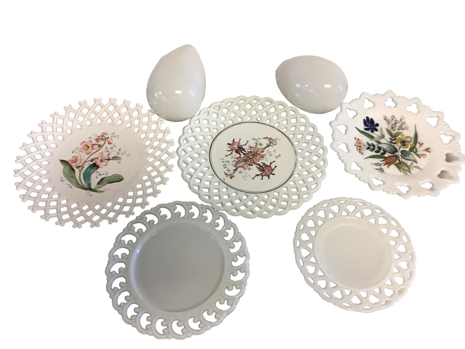 Lot of 7 Milk Glass Glassware. There are two 6 1/2" x 4" oblong hand blown pieces. One is a milk (1 of 6)