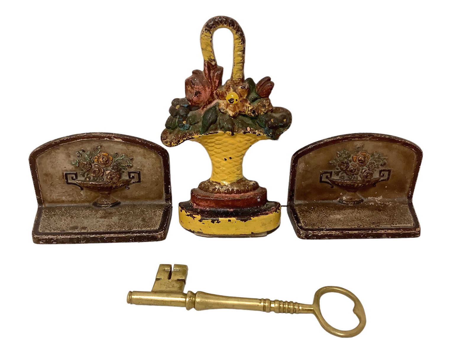 Lot of 4 items including including an old cast-iron floral doorstop @ approx 9" tall w/chipped (1 of 2)