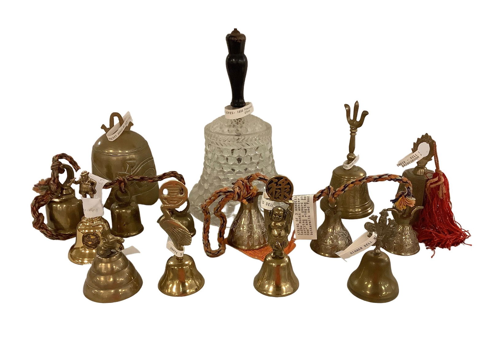 Lot of 15 bells. Large 10 inch "Glass bell of 1,000 eyes" - 1850 pressed glass. Antique heavy brass (1 of 4)