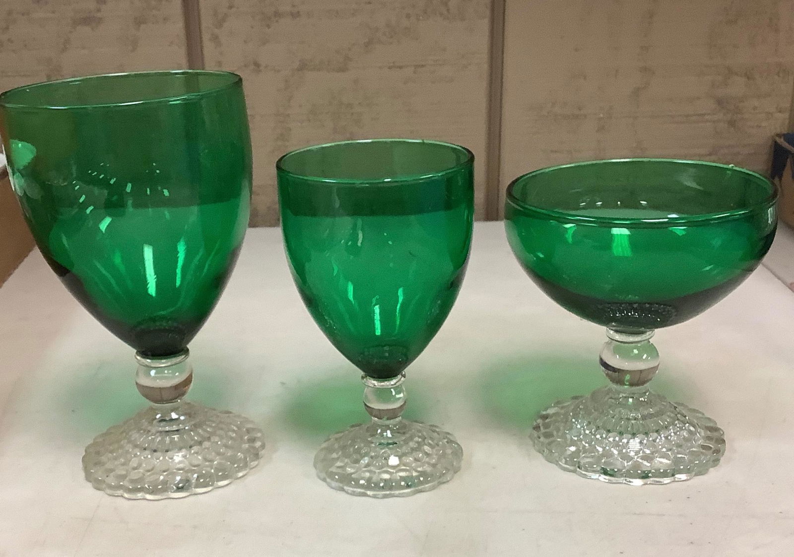 Lot of two box's of Anchor Hocking Bubble Forest Green, 8 sherbet glasses 5 juice glasses, 8 water (1 of 2)