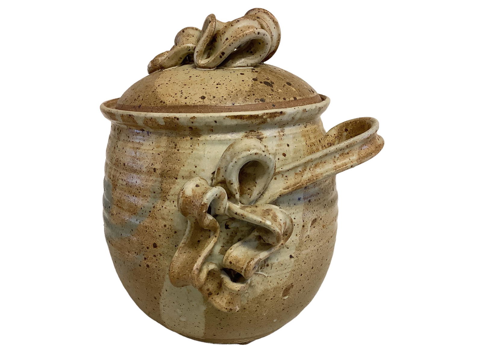 Large covered glazed pot, 9" diameter, 12.5" h with lid, signed. (1 of 2)