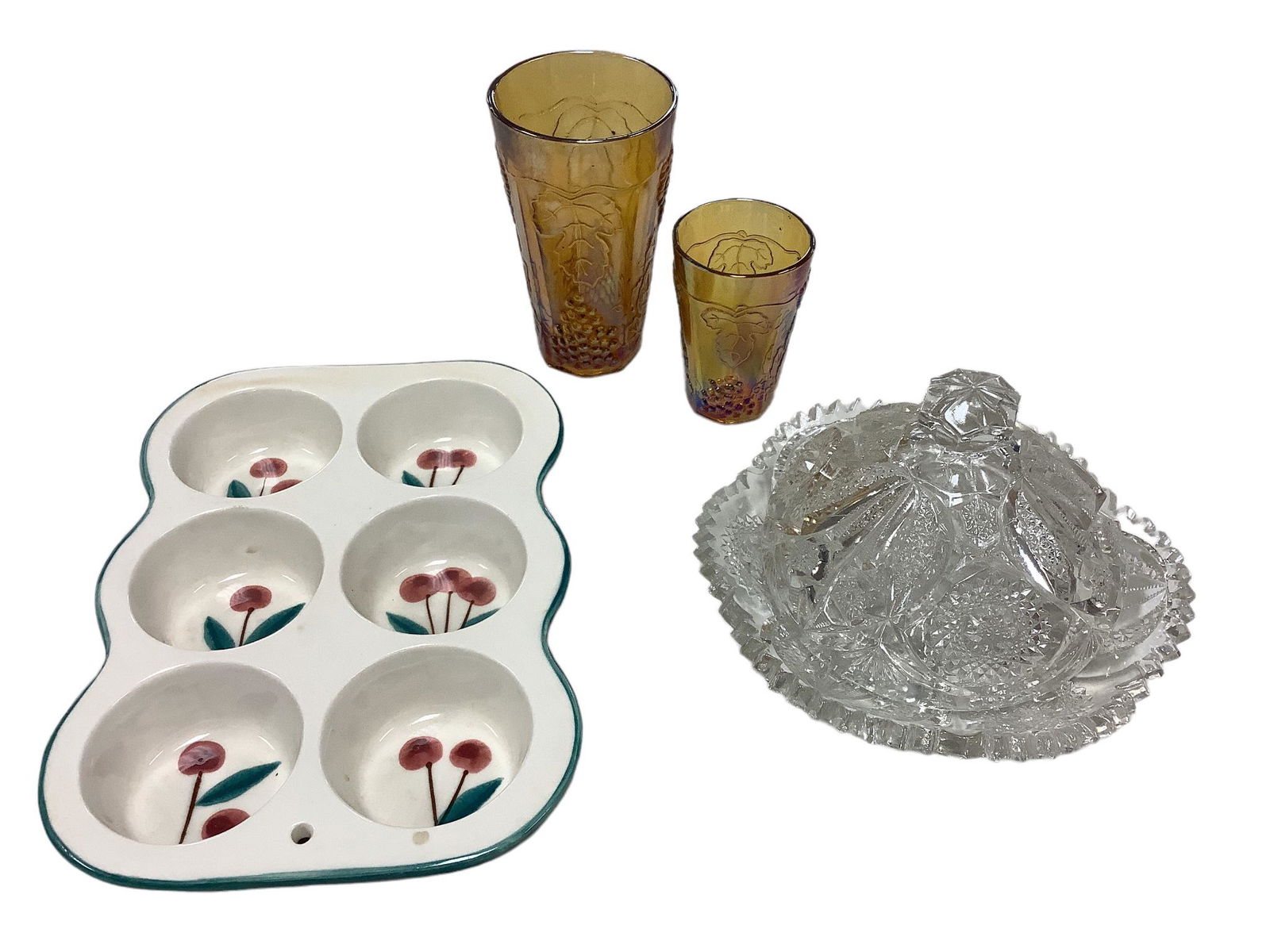 Lot of glass items including a Cambridge near cut round butter dish, chip in rim of dome, a (1 of 2)