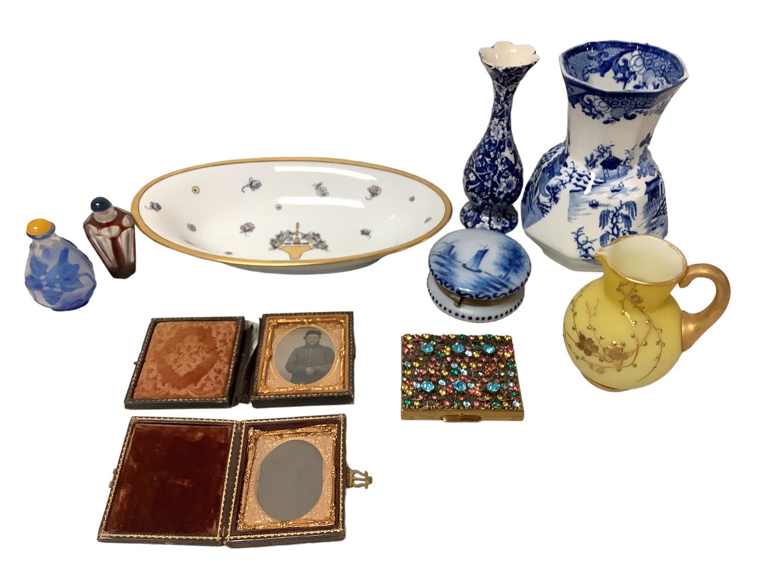 Interesting lot of 10 pieces includes a blue cameo glass type 3" tall snuff bottle, an approx 3" (1 of 2)