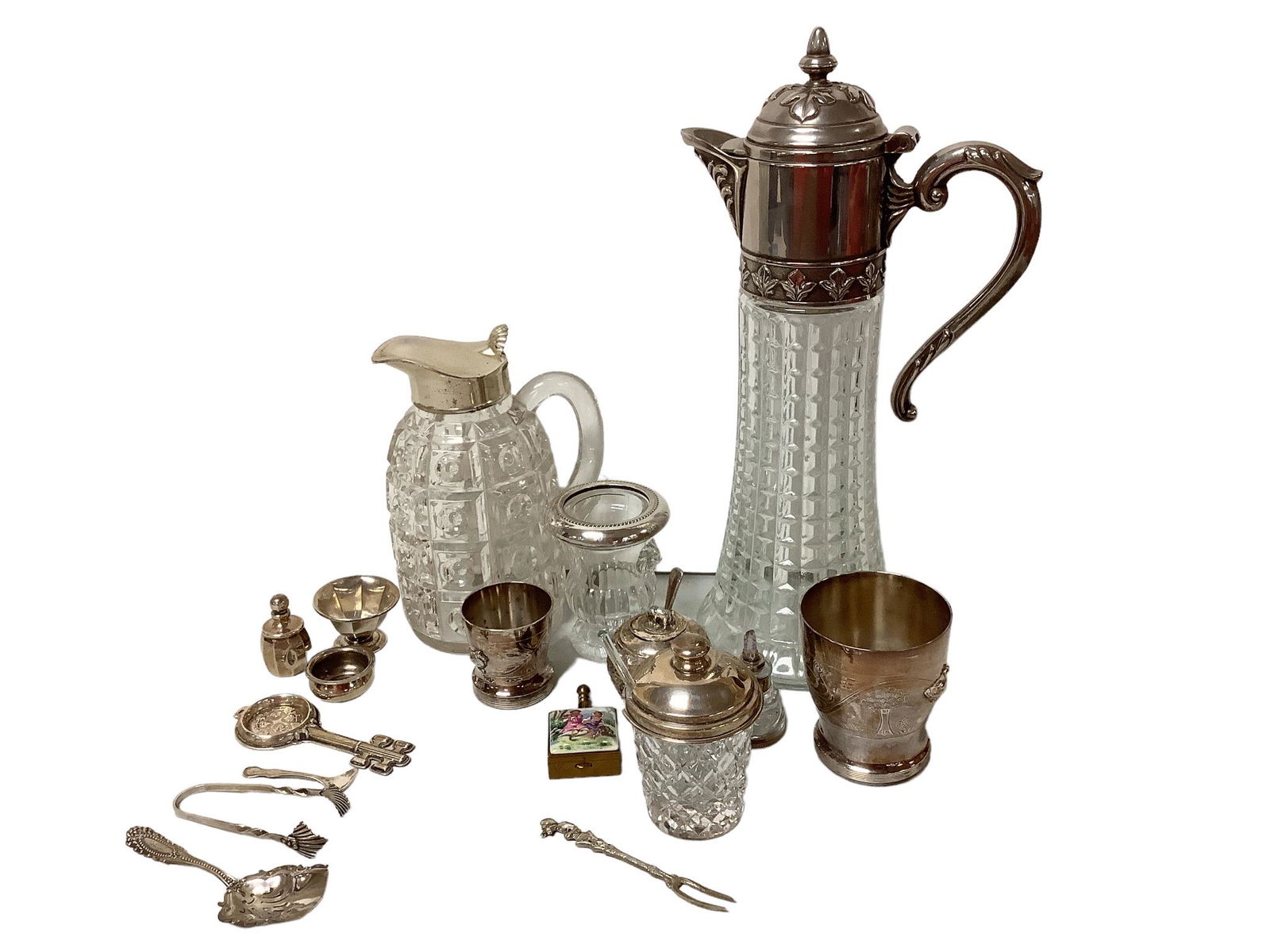 Lot of misc glass and sterling & silver-tone items. Includes 2 pitchers, tallest @ 12" tall, (1 of 2)