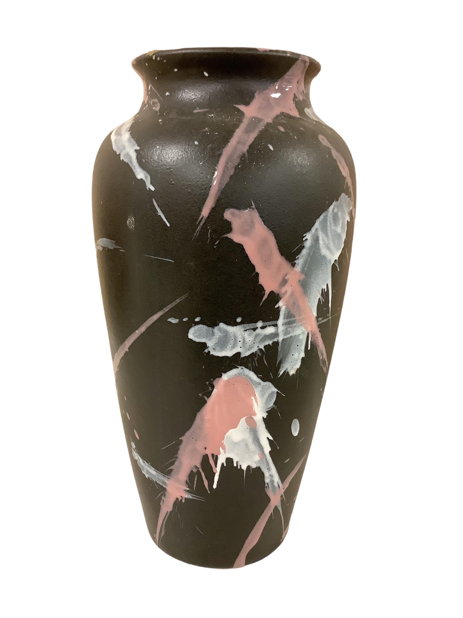 15.5" tall black vase with pink and white paint splatters by Harris Potteries, Chicago, IL (1 of 1)