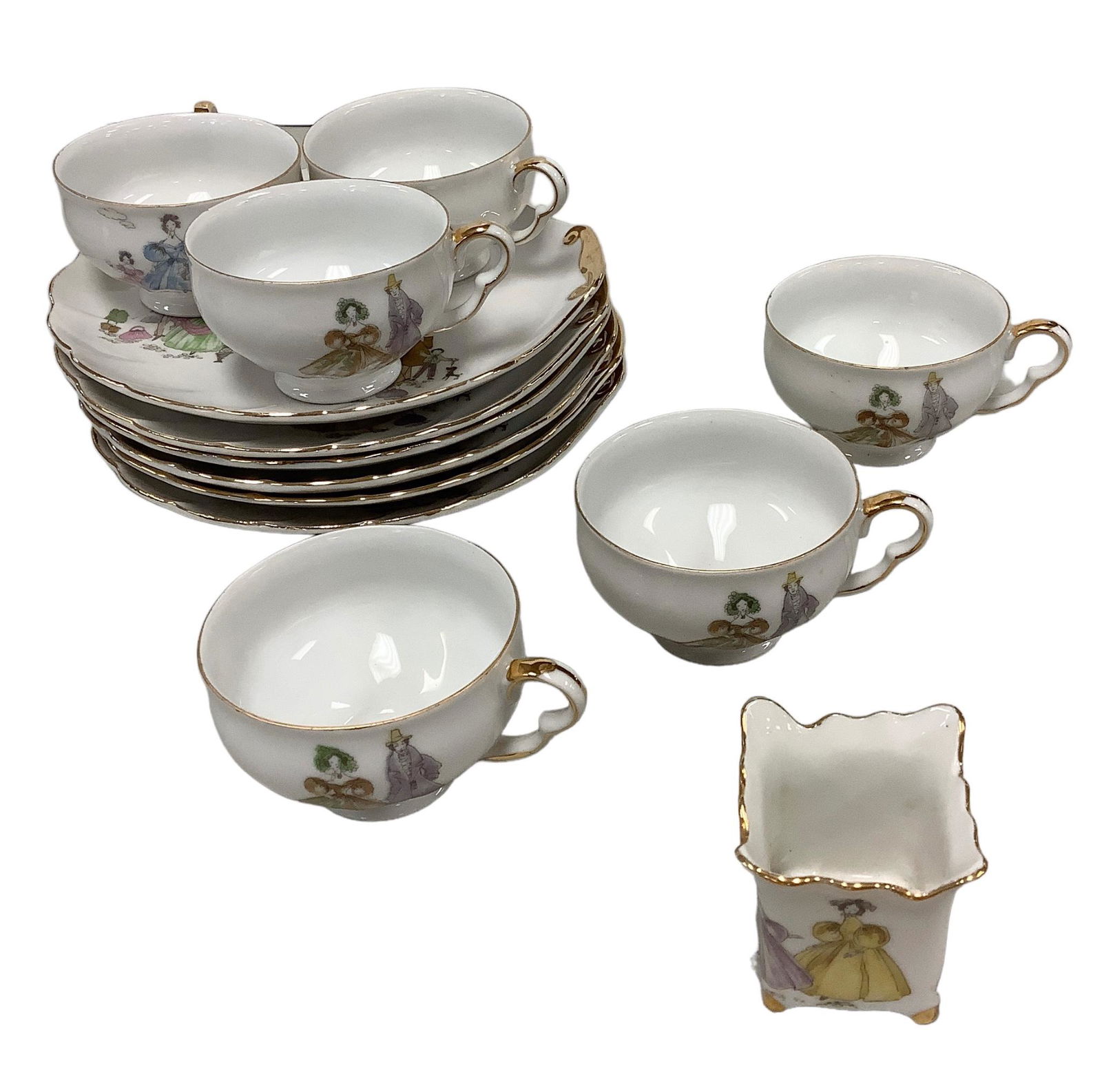 Lot of 13 Afternoon Tea Party by Lefton. Six 8-inch hand-painted snack plates and six 3.5-inch: Lot of 13 Afternoon Tea Party by Lefton. Six 8-inch hand-painted snack plates and six 3.5-inch teacups. Plus a 2-inch matching square toothpick holder.