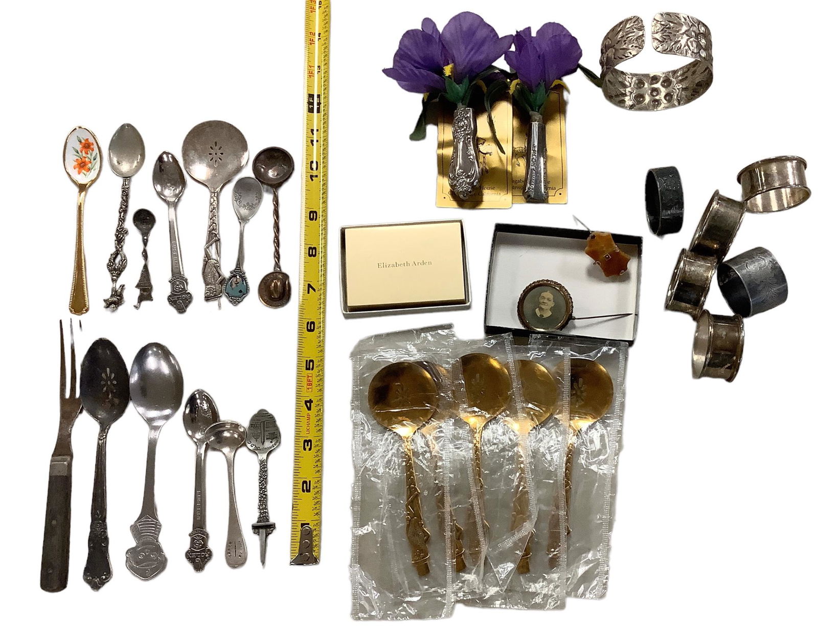 Assorted spoons 2-1/2" to 6", 3 tine fork, 5 Planters Peanut spoons, 6 napkin rings, cuff bracelet (1 of 1)