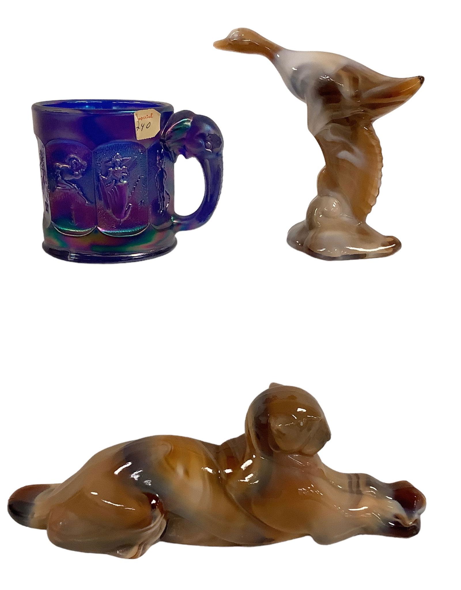 Lot of 3 glass items includes a unique Imperial Glass mug in a carnival finish w/elephant handle and (1 of 4)