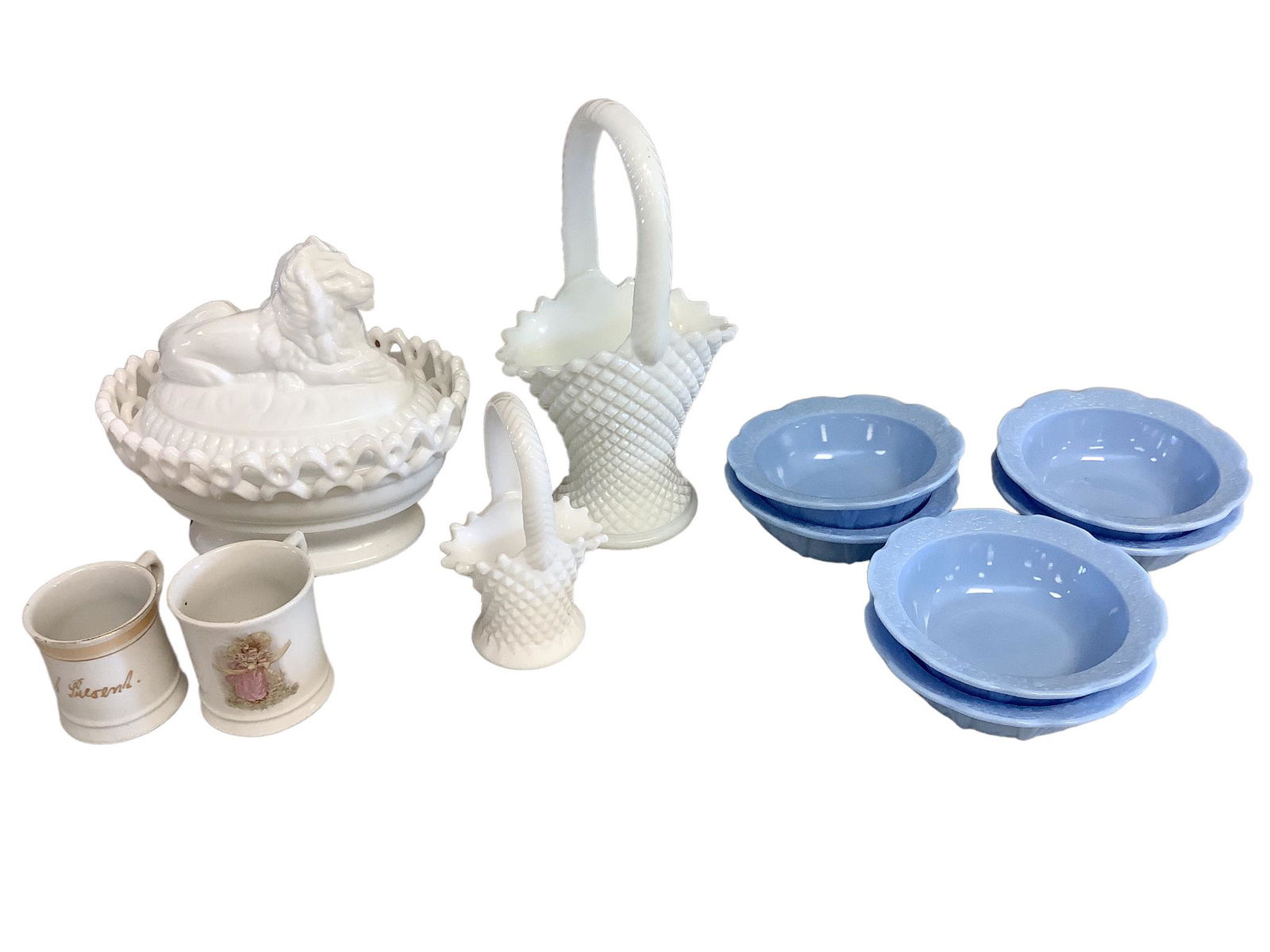 Lot of vintage milk glass including an Imperial Glass white oval covered dish with a lion on the (1 of 1)