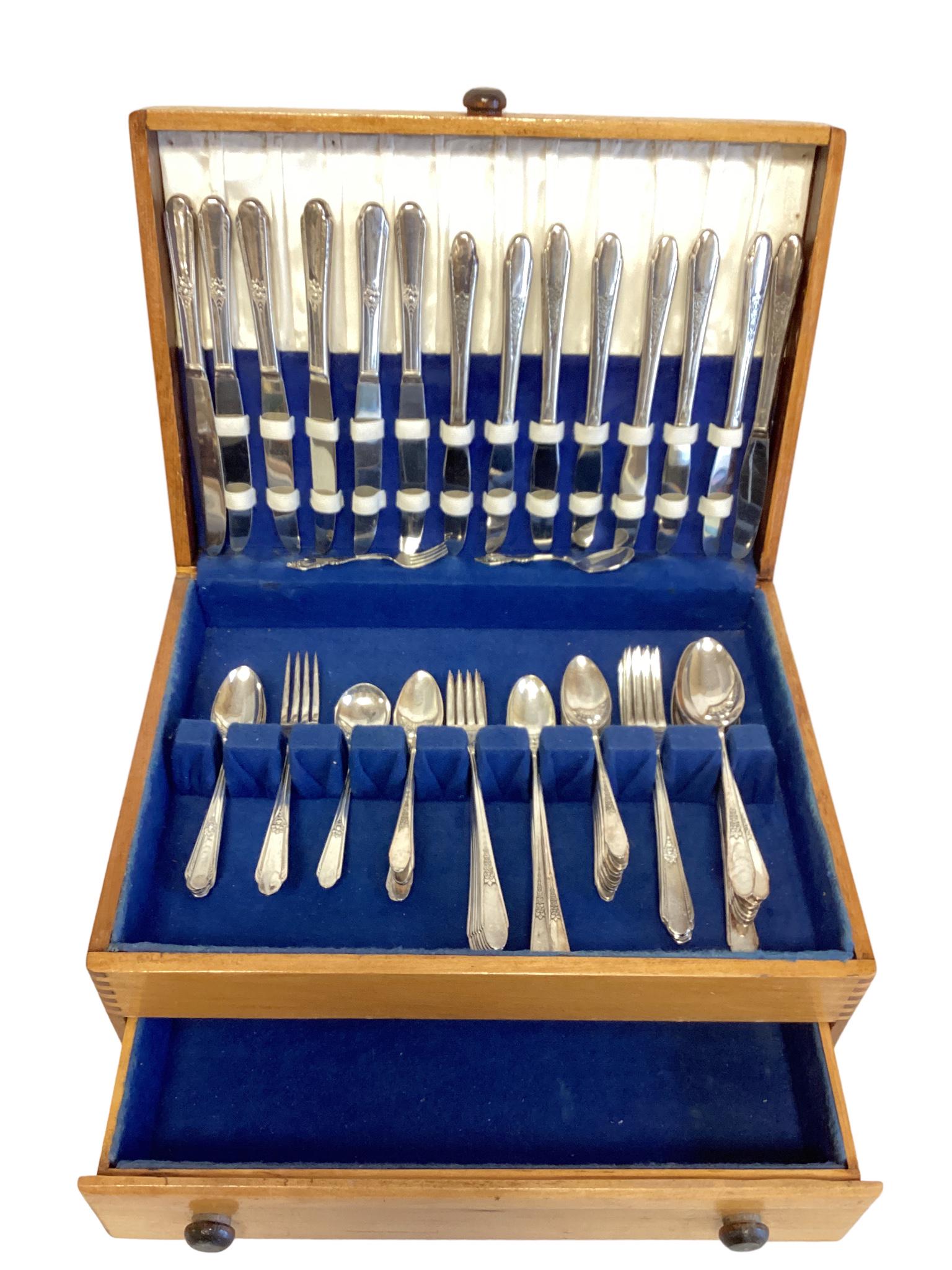 Lot of 72 assorted stainless & silver plated knives, forks & spoons with, Box (Lid is loose). (1 of 1)