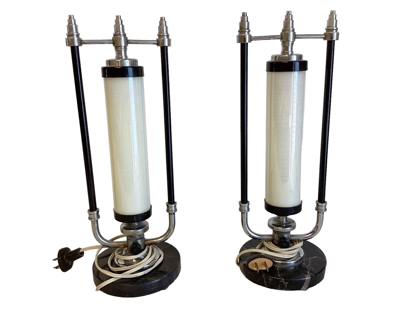 Pair of Art Deco lamps with chromed metal, glass shade & polished stone base. One has repaired large (1 of 1)