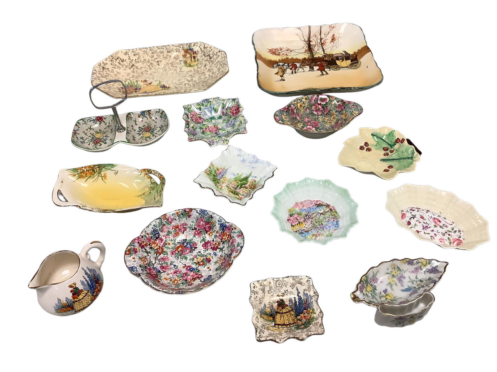 Lot of 14 Assorted China decorative pieces. 10" oval, and 8.5" square servers. Small 2.5" creamer. (1 of 1)