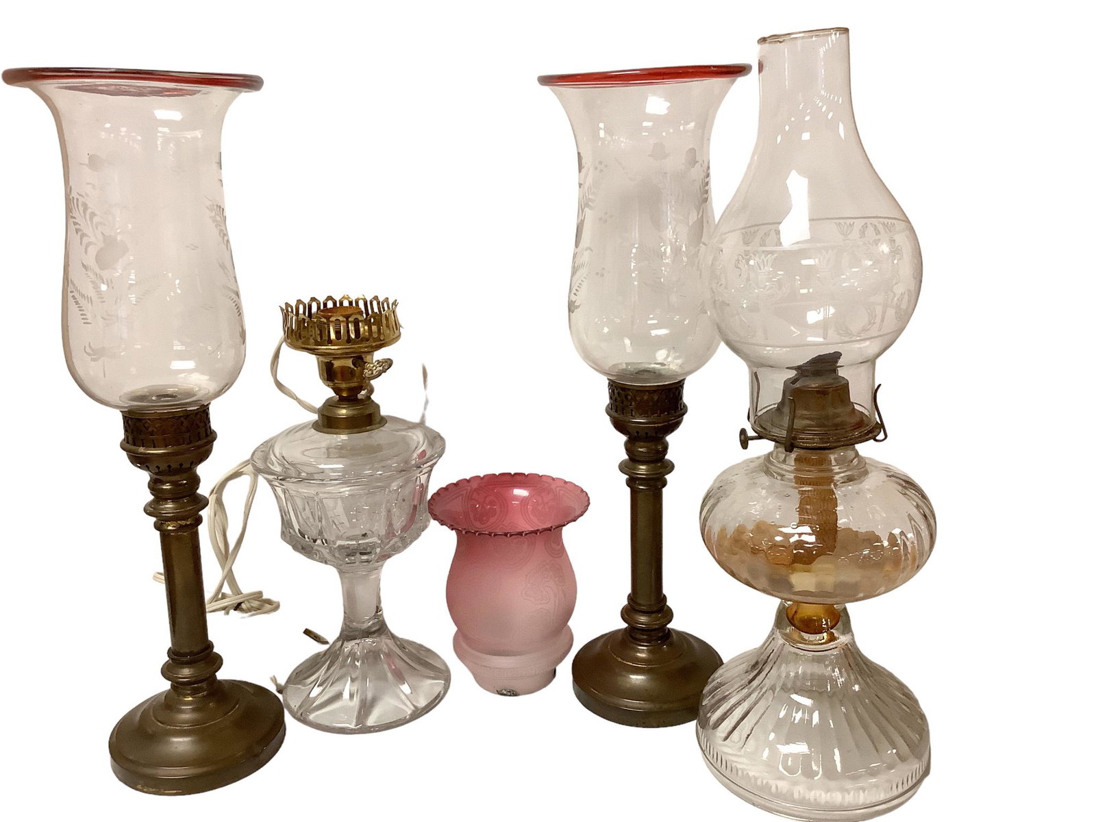 Large lot of 5 pieces includes one electric lamp w/clear base, 2 candlesticks w/etched shades @ 18" (1 of 2)