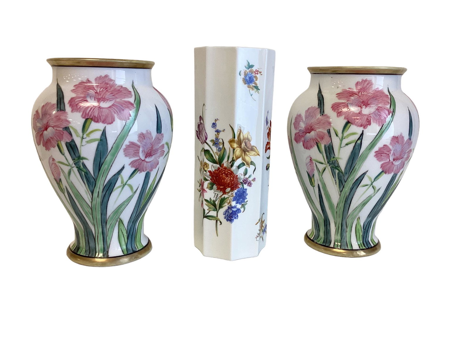 2 matching 7-1/2" Nippon vases & 8" Royal Worcester bone china vase.: 2 matching 7-1/2" Nippon vases & 8" Royal Worcester bone china vase.