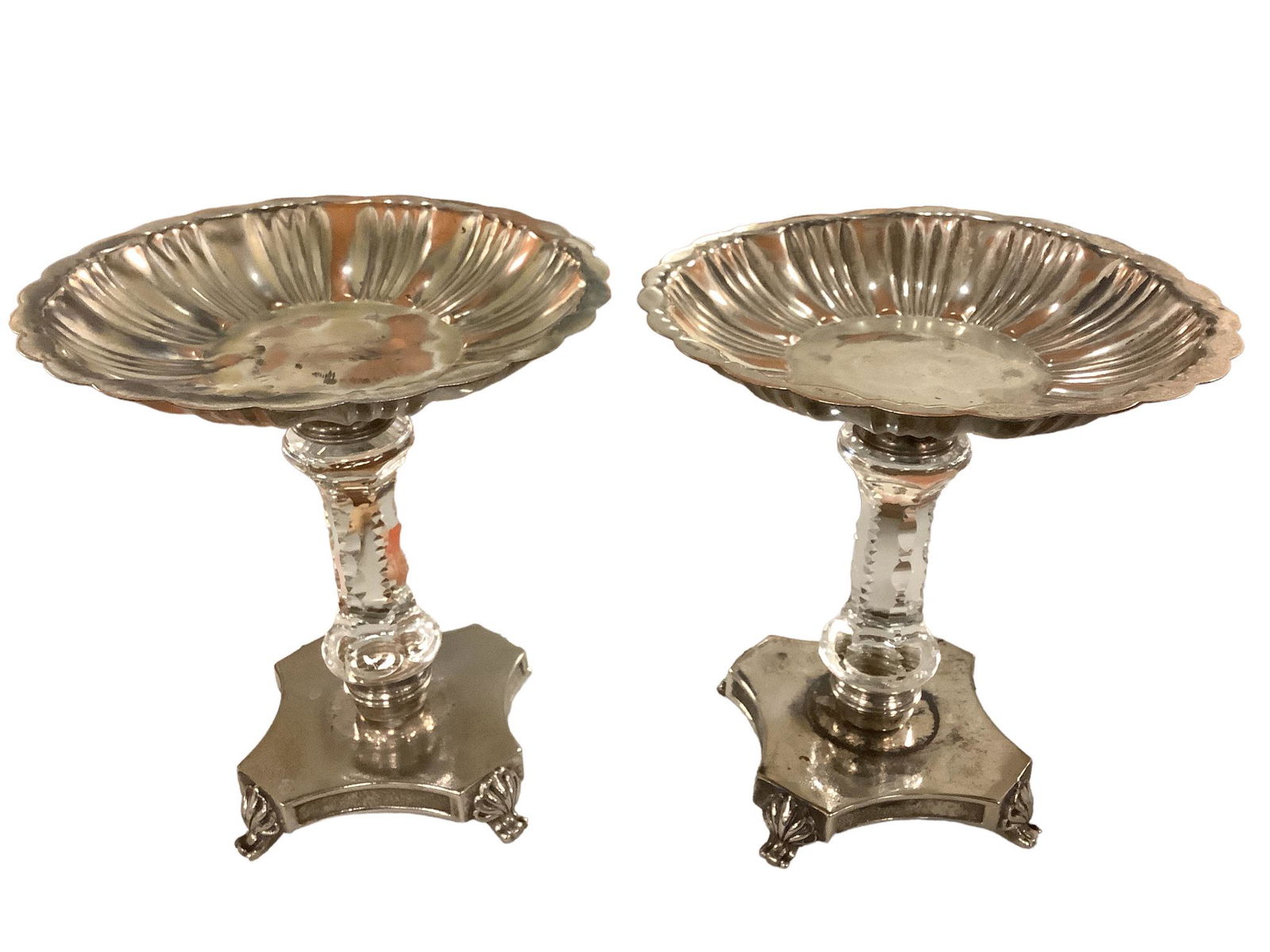 Pair of footed compotes with a combination of a metal base plated top and Heisey glass spacer with (1 of 1)