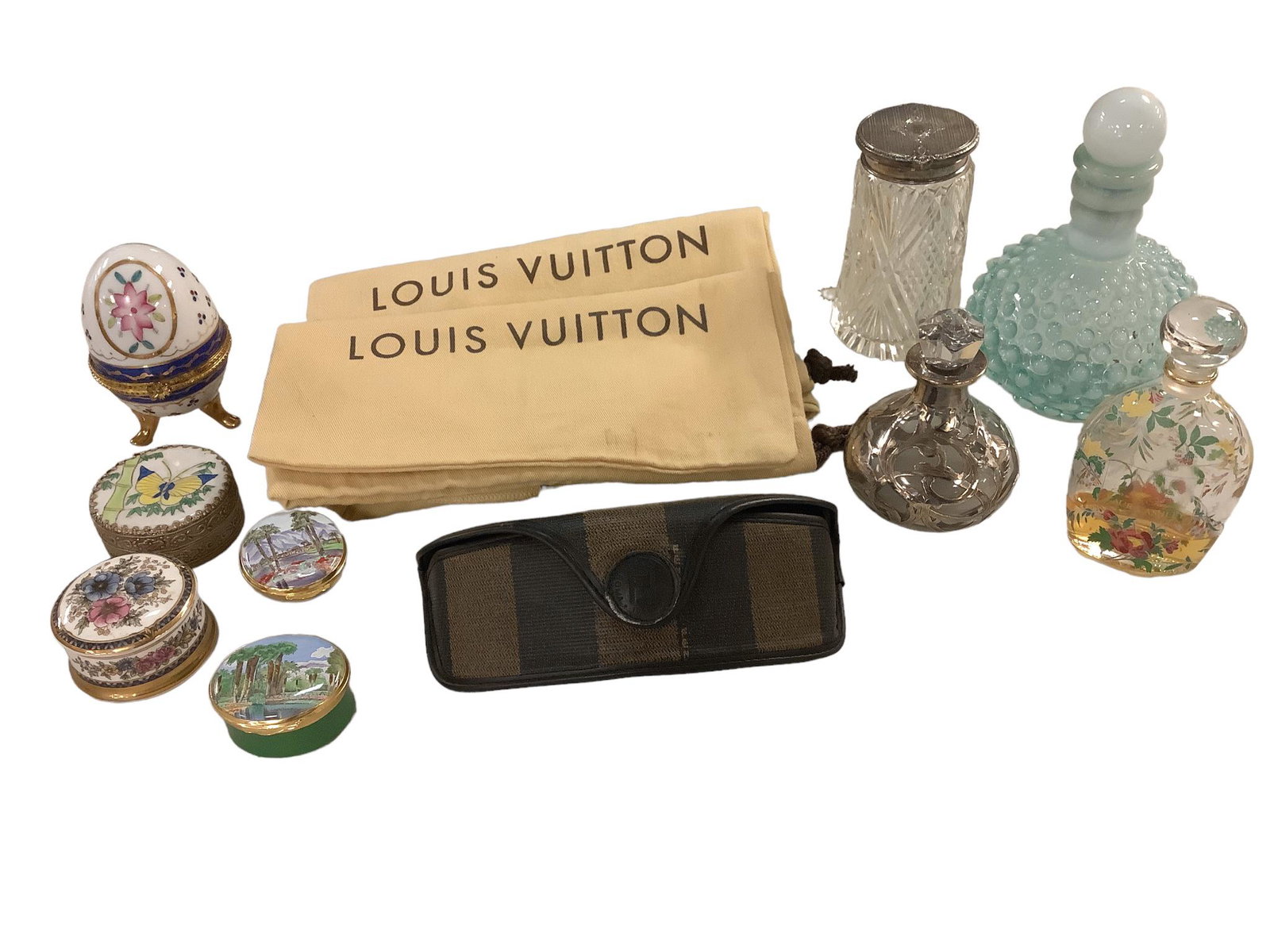Lot including Louis Vuitton dust bags and a cloth, 5 porcelain trinket boxes, a sterling topped (1 of 1)