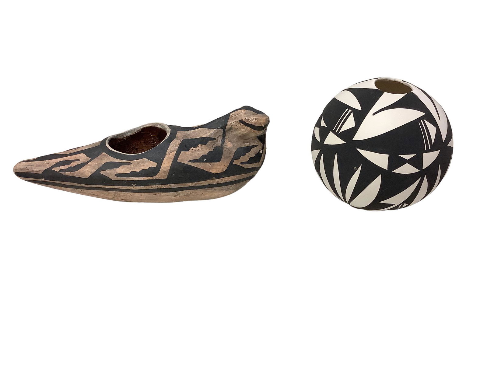 Native American artist signed pottery fire hawk effigy vessel measuring 10" long and 5" diameter (1 of 2)