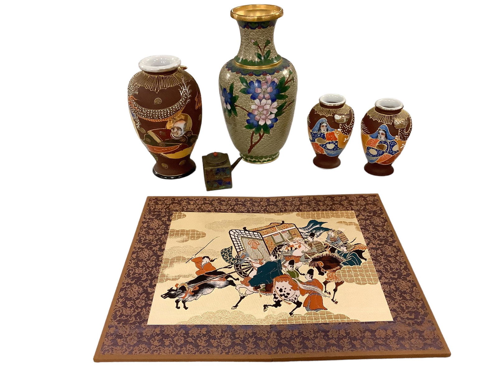 Asian lot including a Satsuma style 6 1/4" vase, 2 - 4" satsuma style vases, an 8" Cloisonne vase, a (1 of 1)