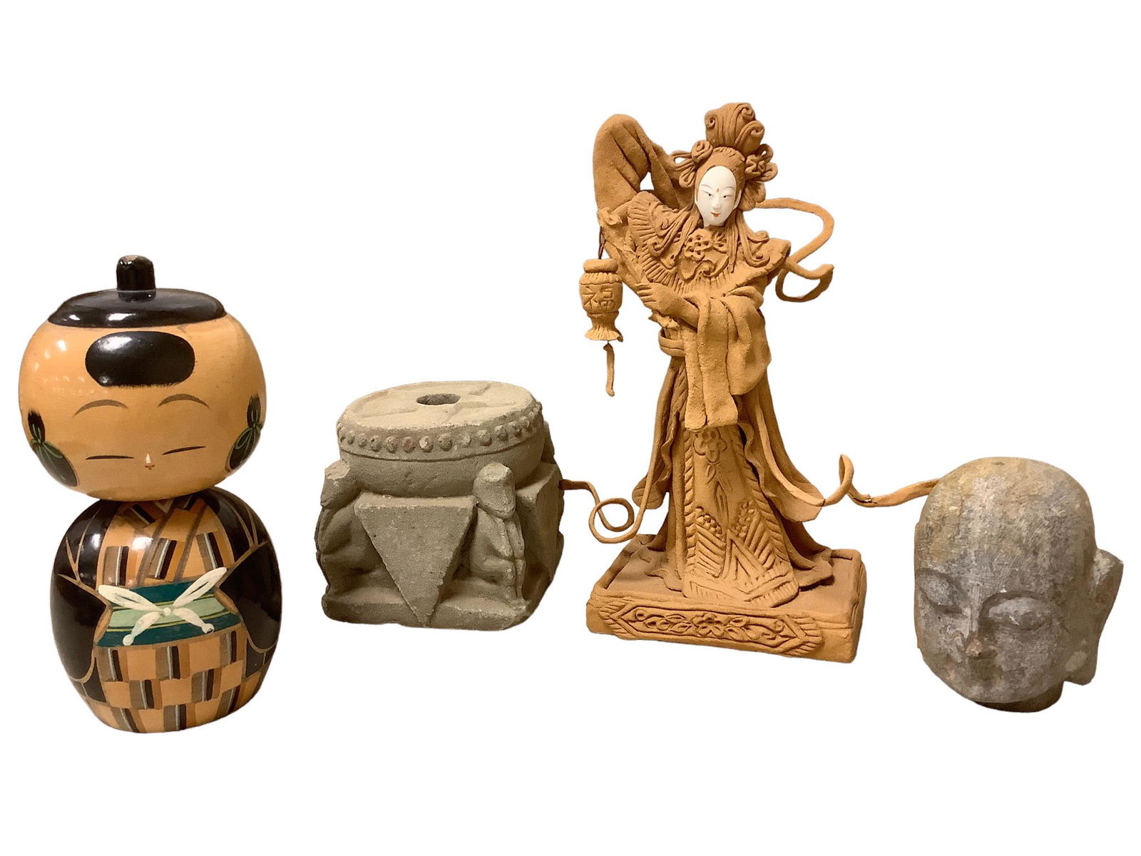 Lot of 4 Asian themed items includes a 5" tall stone Buddha head, a painted wood figure @ approx 9" (1 of 4)