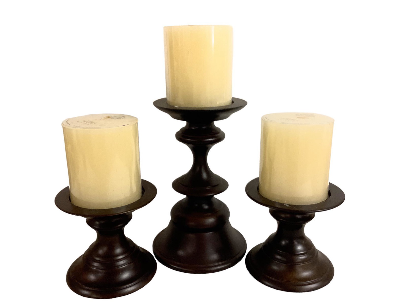 Lot of 3 turned-wood candle holders and candles from Pottery Barn, tallest @ 10" w/o candle. (1 of 2)