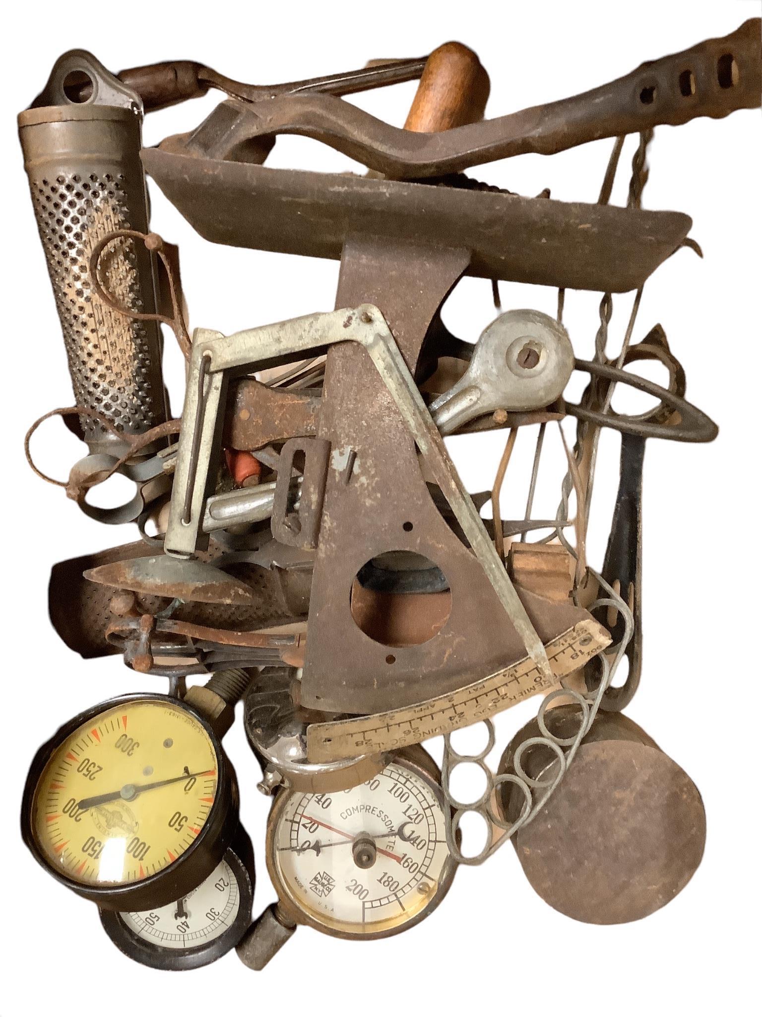 Tool/implement box lot (with rust) includes metal scales, graters, crimpers, small mixer, pie crust: Tool/implement box lot (with rust) includes metal scales, graters, crimpers, small mixer, pie crust roller, etc.