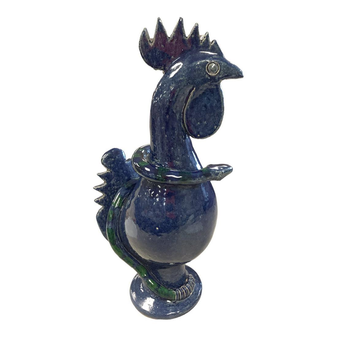 Kings Pottery. Blue rooster with blue & green snake by "Nub" Meaders (GA), 17" tall. (1 of 3)