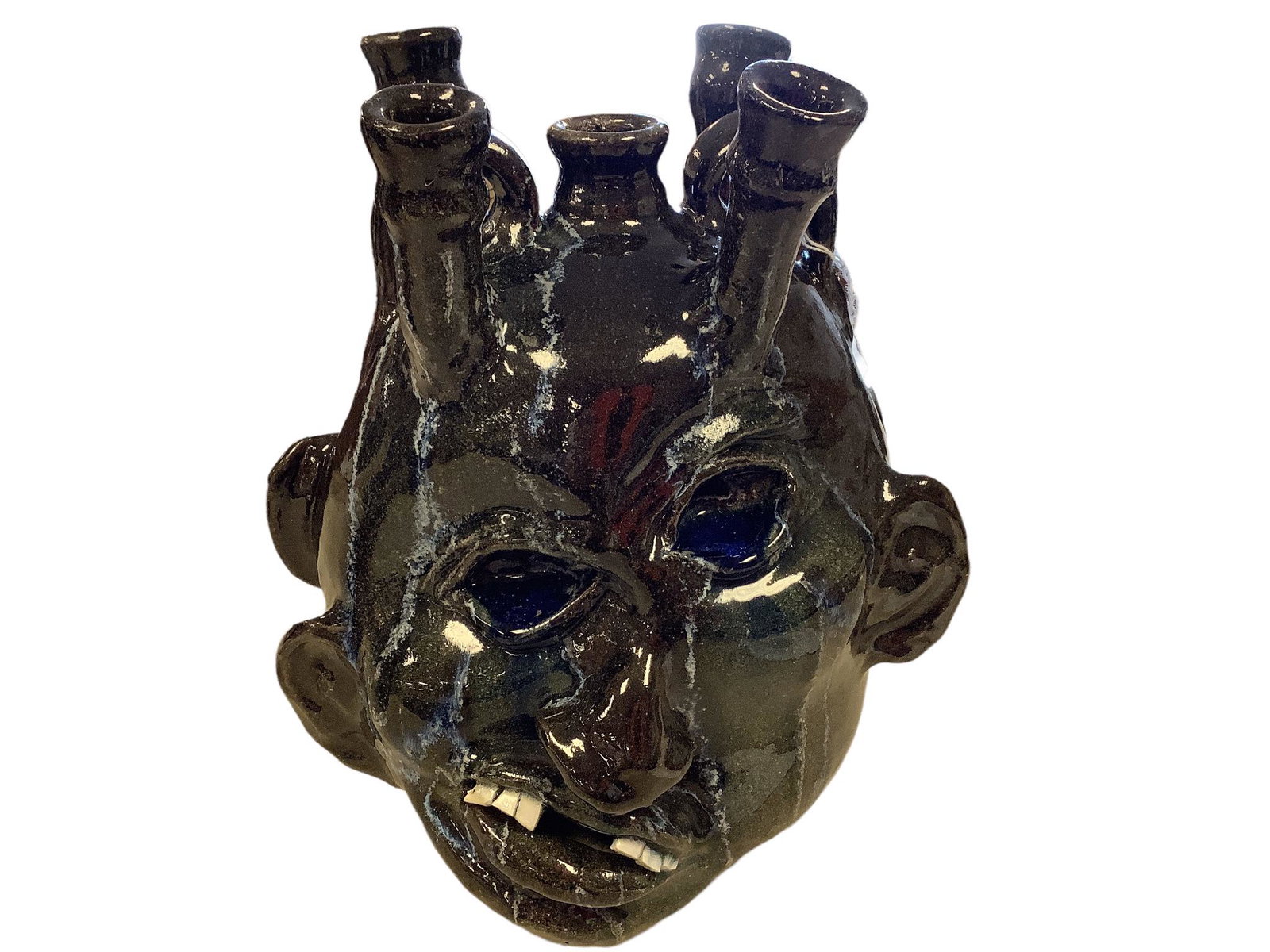 Double face pottery jug w/candelabra in blue & black @ 12" tall made by Chester Havel. (1 of 2)