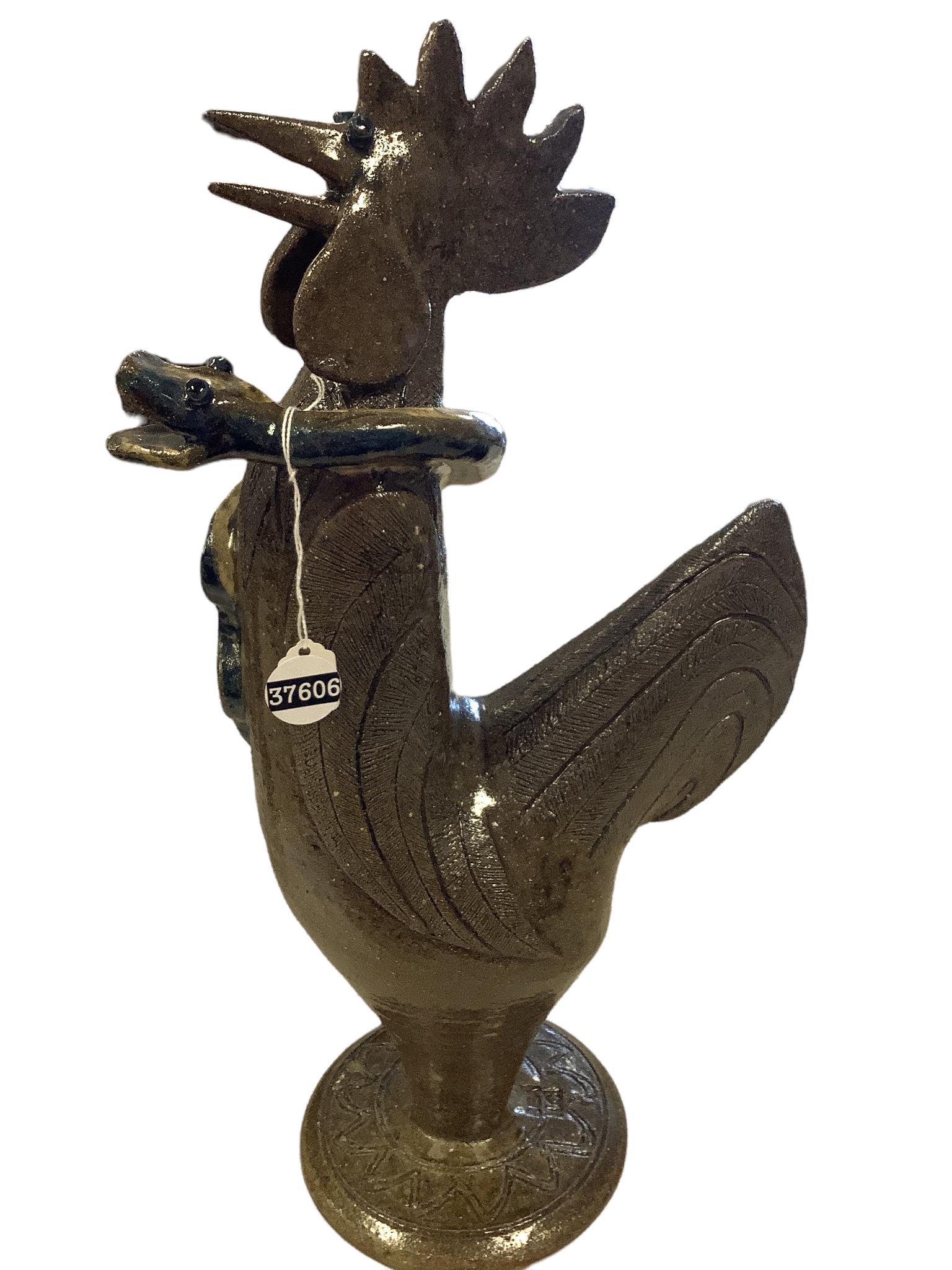 Large signed 19" tall pottery rooster w/snake by Steve Abee in muted green and blue. (1 of 2)