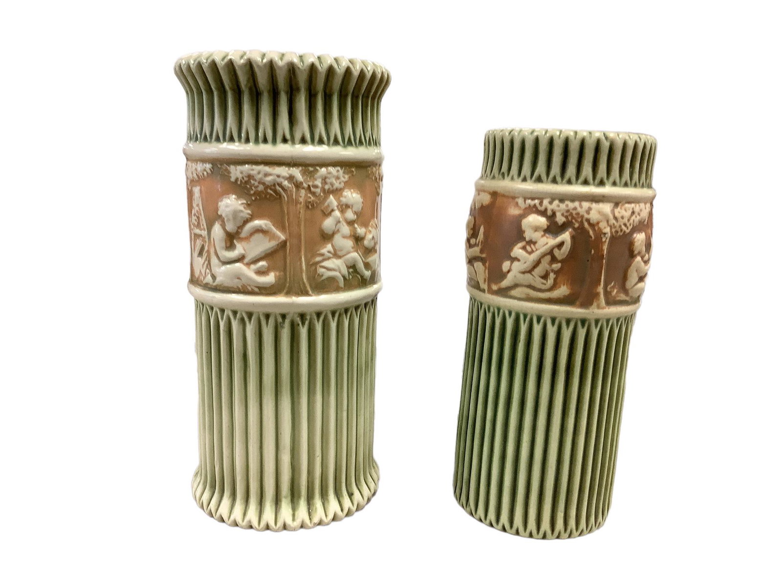 Roseville Donatello pattern of cherubs amidst the trees. Cream/Green/Tan. Lot of two vases. One is (1 of 3)