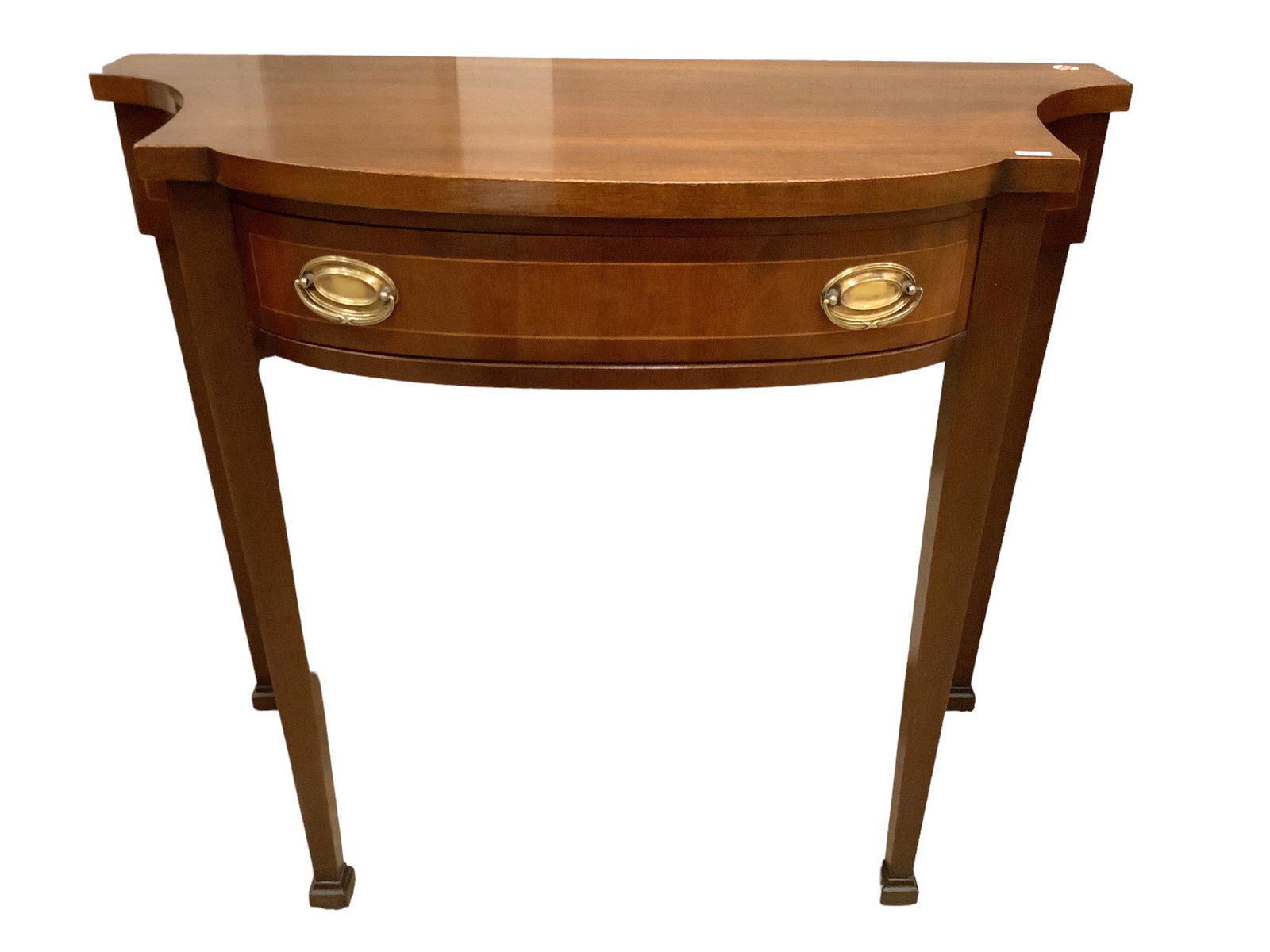 Kittenger curved front credenza with string inlay, 39" x 18.5" x 32.5".: Kittenger curved front credenza with string inlay, 39" x 18.5" x 32.5".