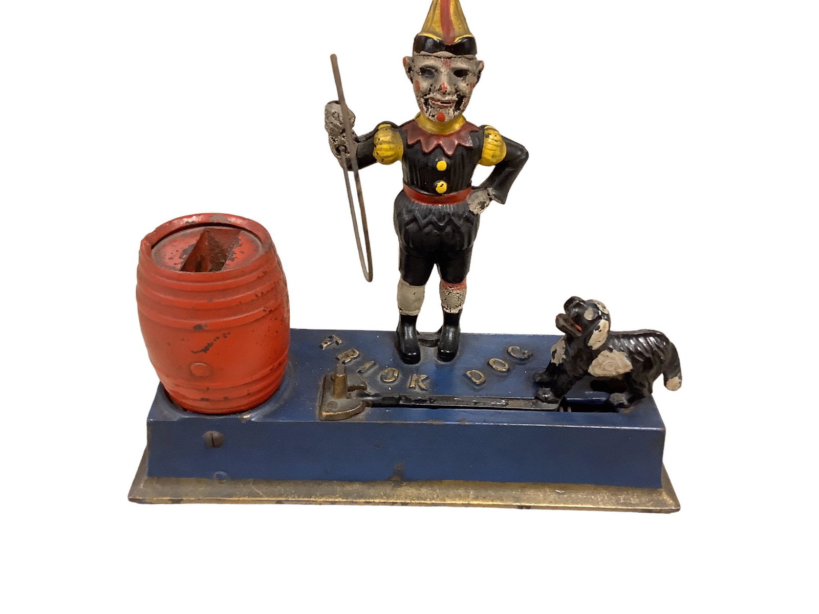 Trick Dog, Mechanical Bank Antique Cast Iron. Working condition. 8" high 9" wide. Worn. No key. (1 of 3)